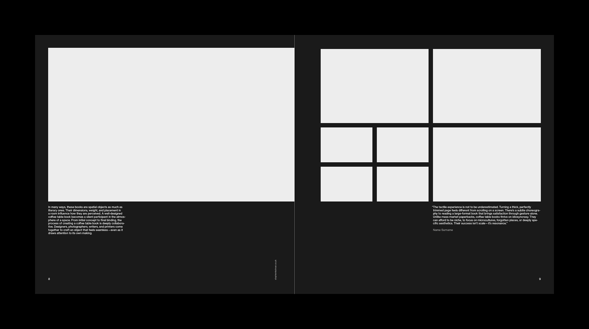 Dark-themed magazine spread featuring a large image placeholder on the left page and a grid of six smaller placeholders on the right.