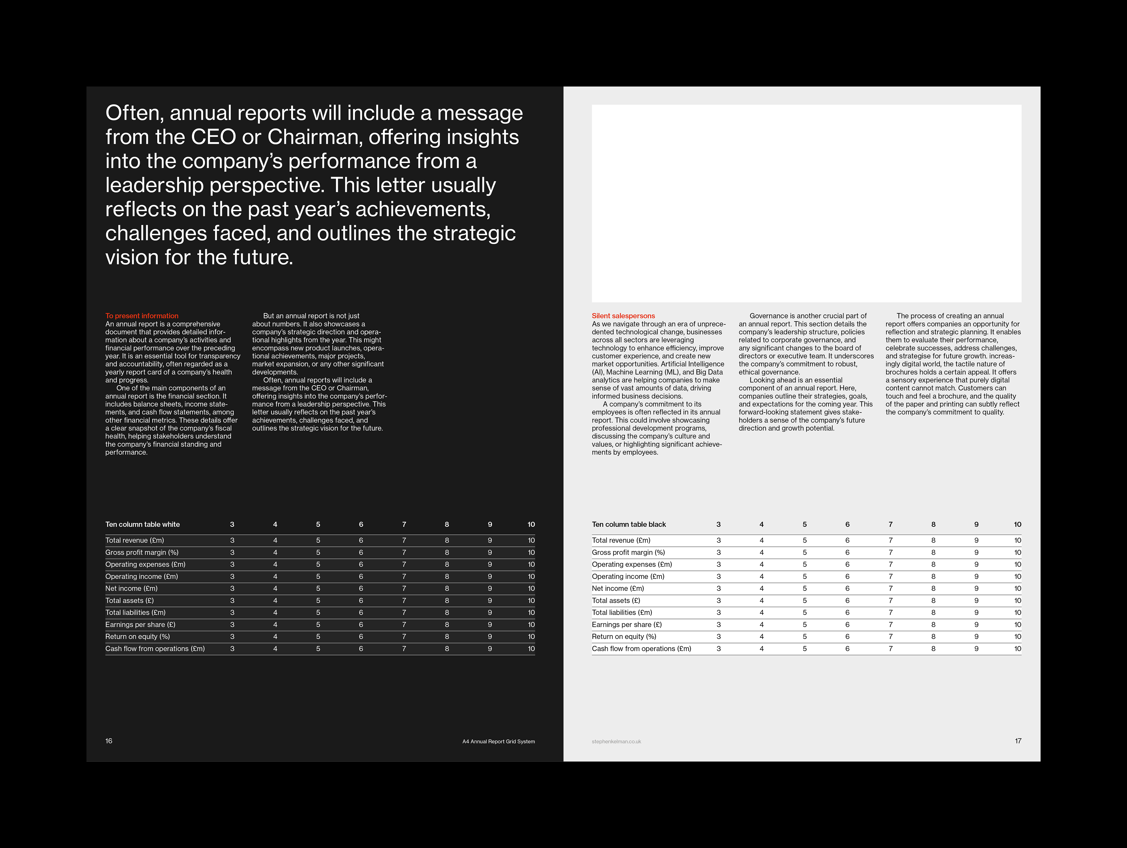 A4 Annual Report Grid System for InDesign | Internal spread with financial tables