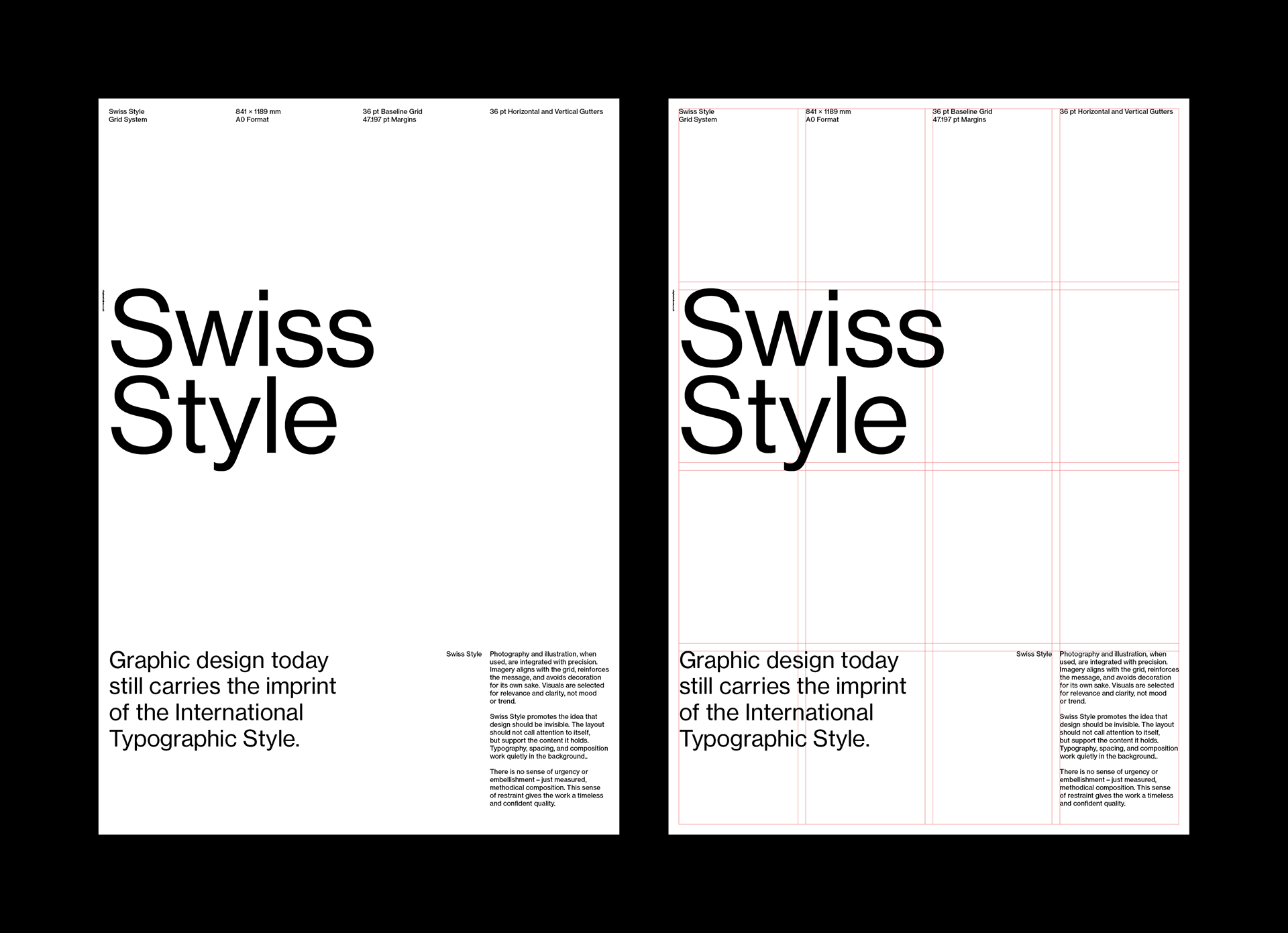 Two Swiss Style posters side by side; the left shows a clean typographic layout, the right displays the same layout with a visible red grid system overlay.