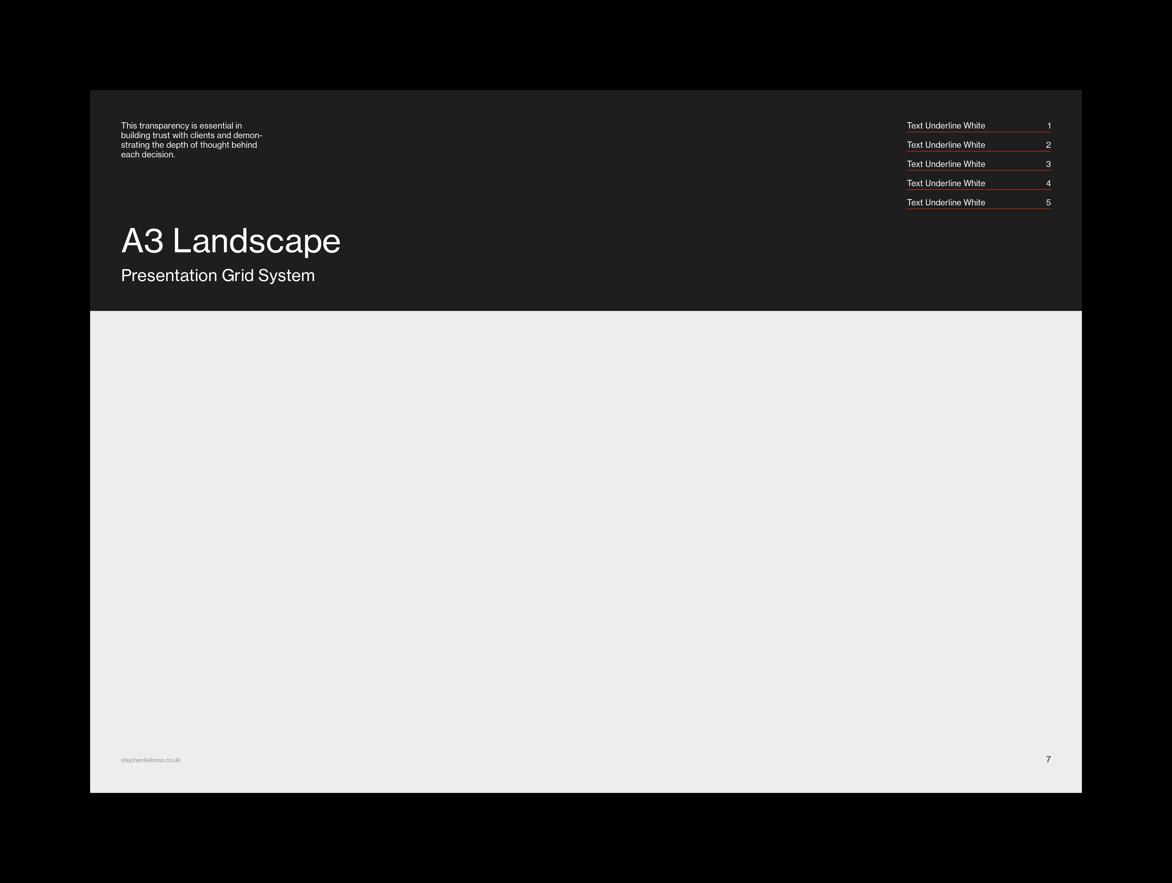 A clean, minimalist layout for an A3 landscape presentation grid system. The title “A3 Landscape Presentation Grid System” is displayed in large bold text on a dark background at the top left. Below the title, there is a large blank space, providing room for a grid system design. To the right of the page, there are five items labeled “Text Underline White,” each with corresponding numbers from 1 to 5. This design emphasizes simplicity and clarity, ideal for presenting information or data in an organized format.