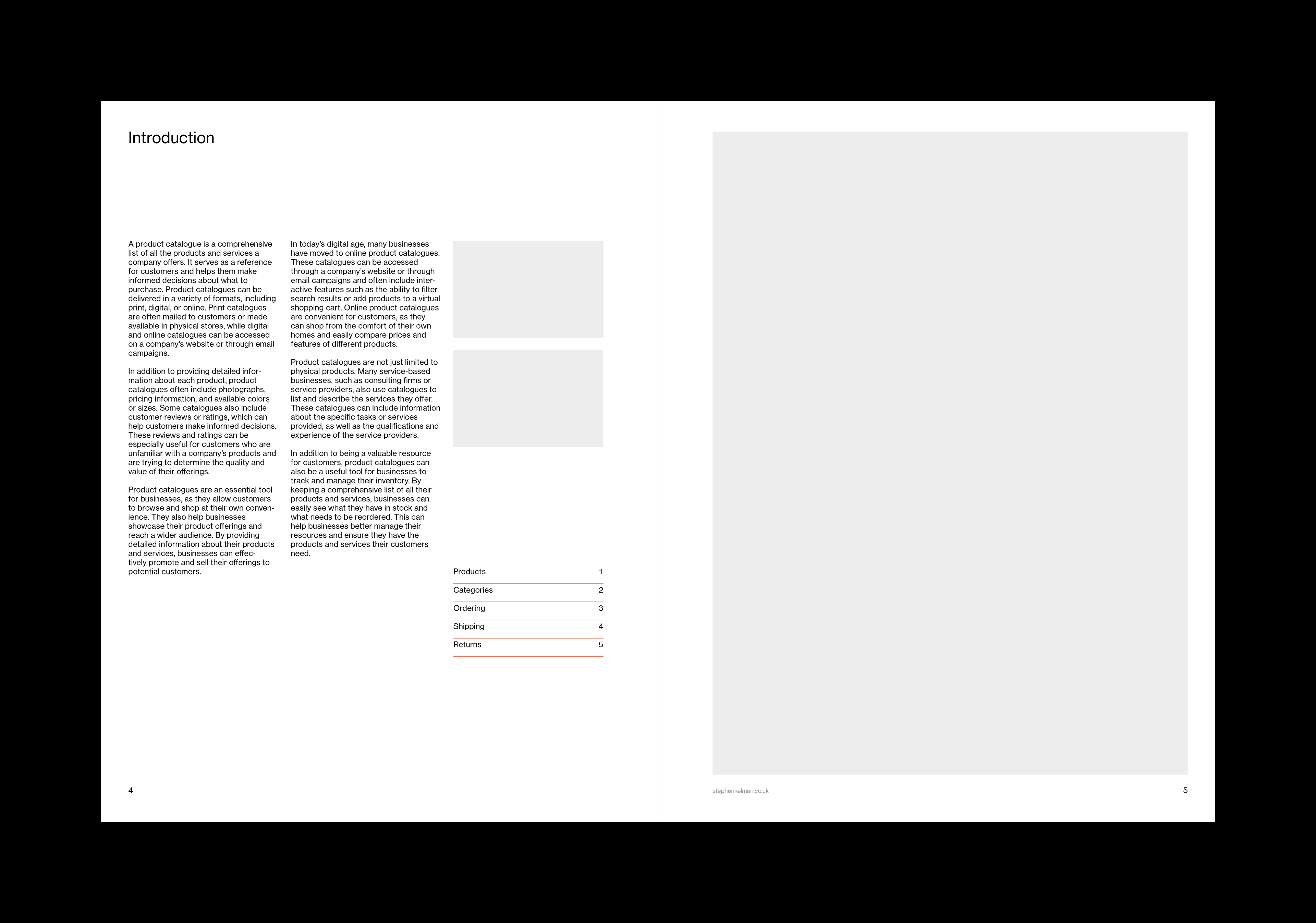Minimal, Swiss style introductory spread to a US letter format catalogue template for Adobe InDesign. Spread features six paragraphs of left-aligned text and three images of different sizes. Also featured are a mini contents with section titles and page numbers