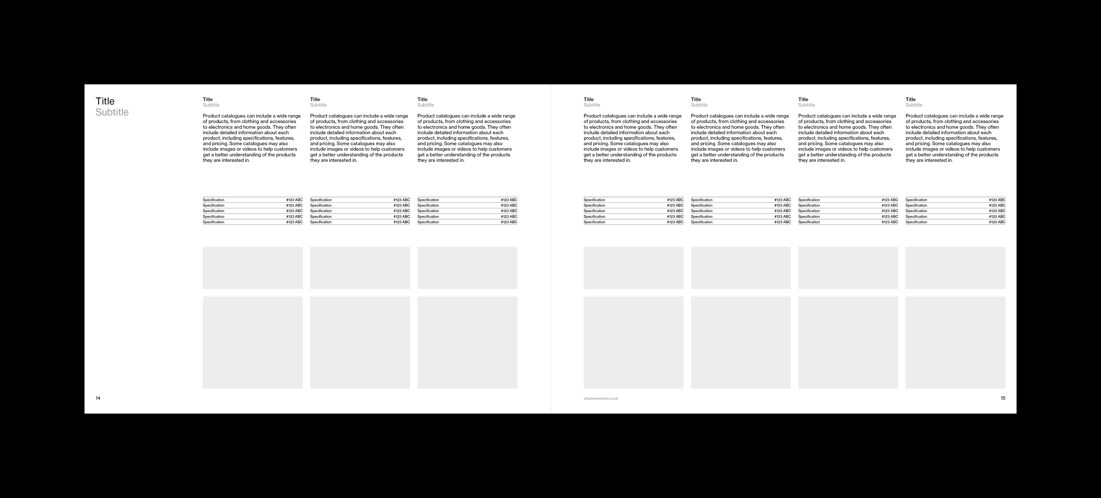 Layout design for an A4 landscape InDesign catalogue template. Spread features seven products with descriptor copy, spec copy and two images for each
