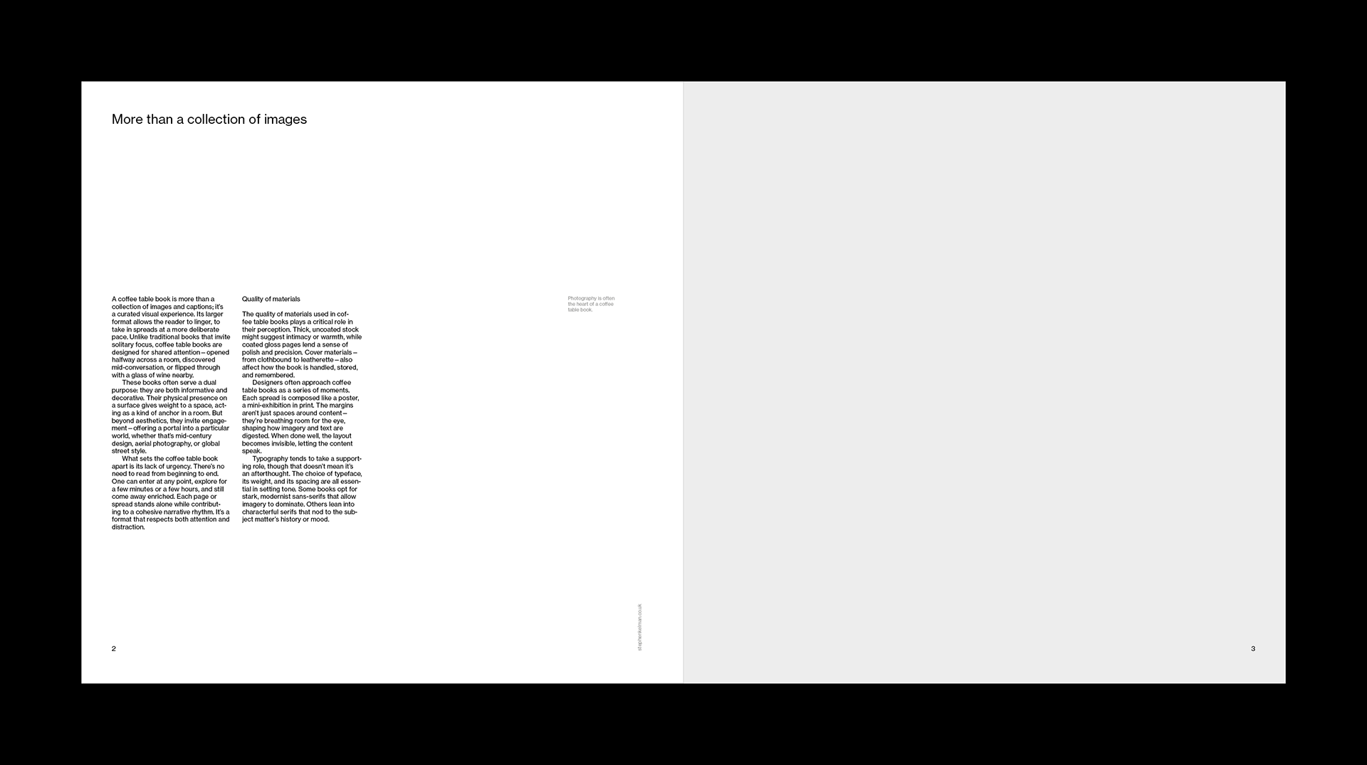 Double page spread of a brochure with grey box for image on the right and two columns of text on left