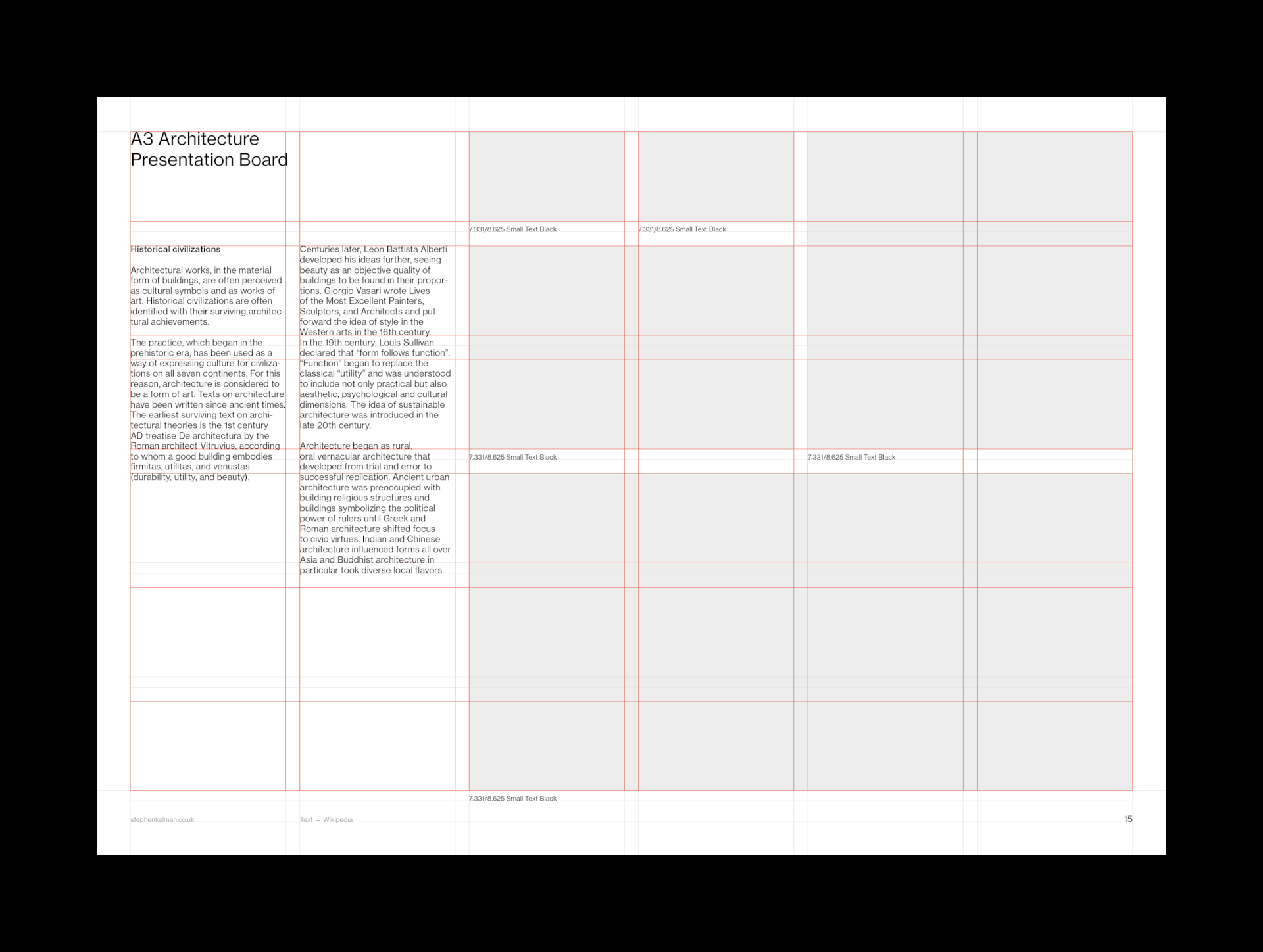 Animation showing grid system and layouts for an A3 landscape InDesign template