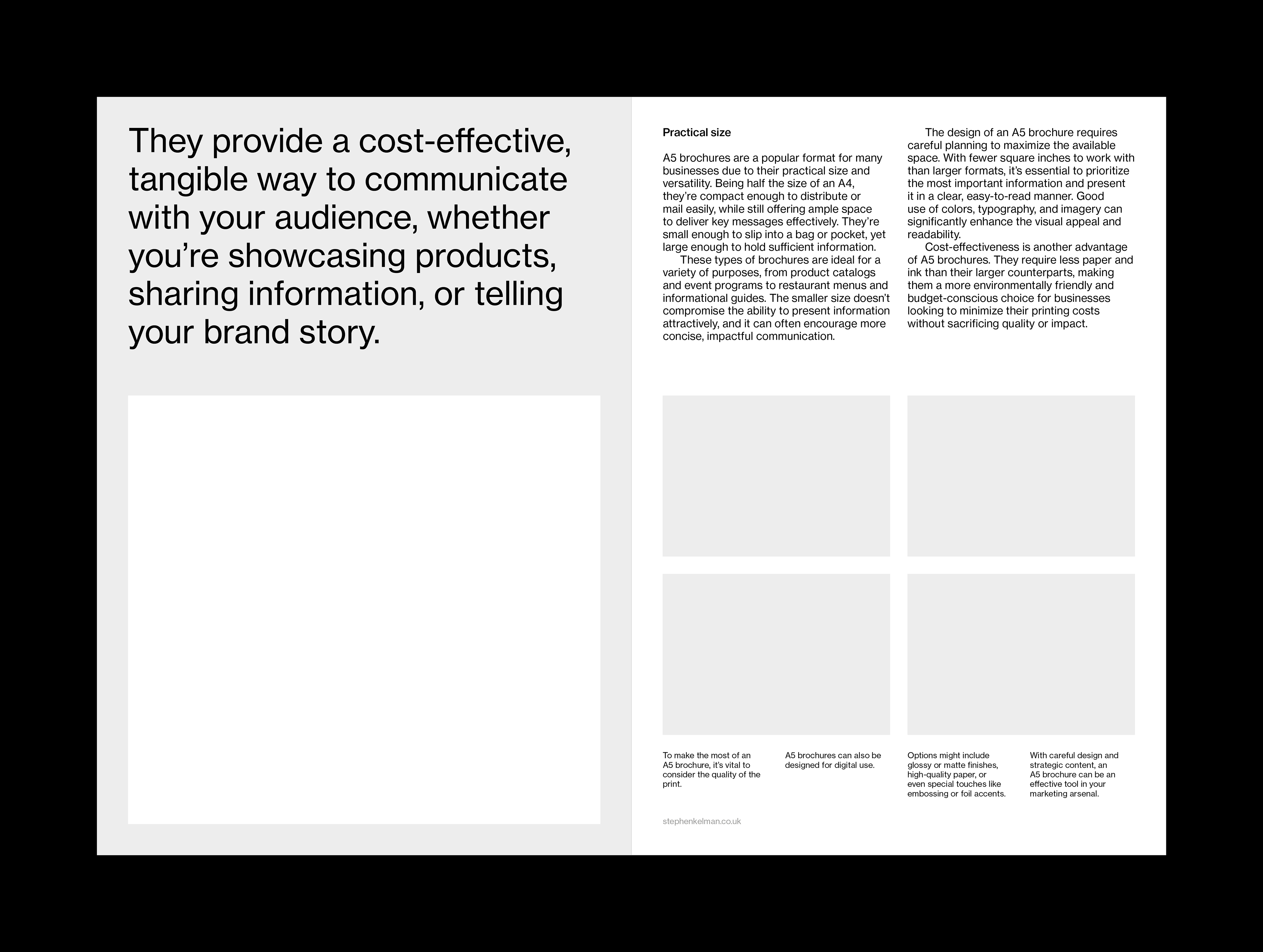 Swiss style layout example for a smaller format A5 InDesign brochure template.