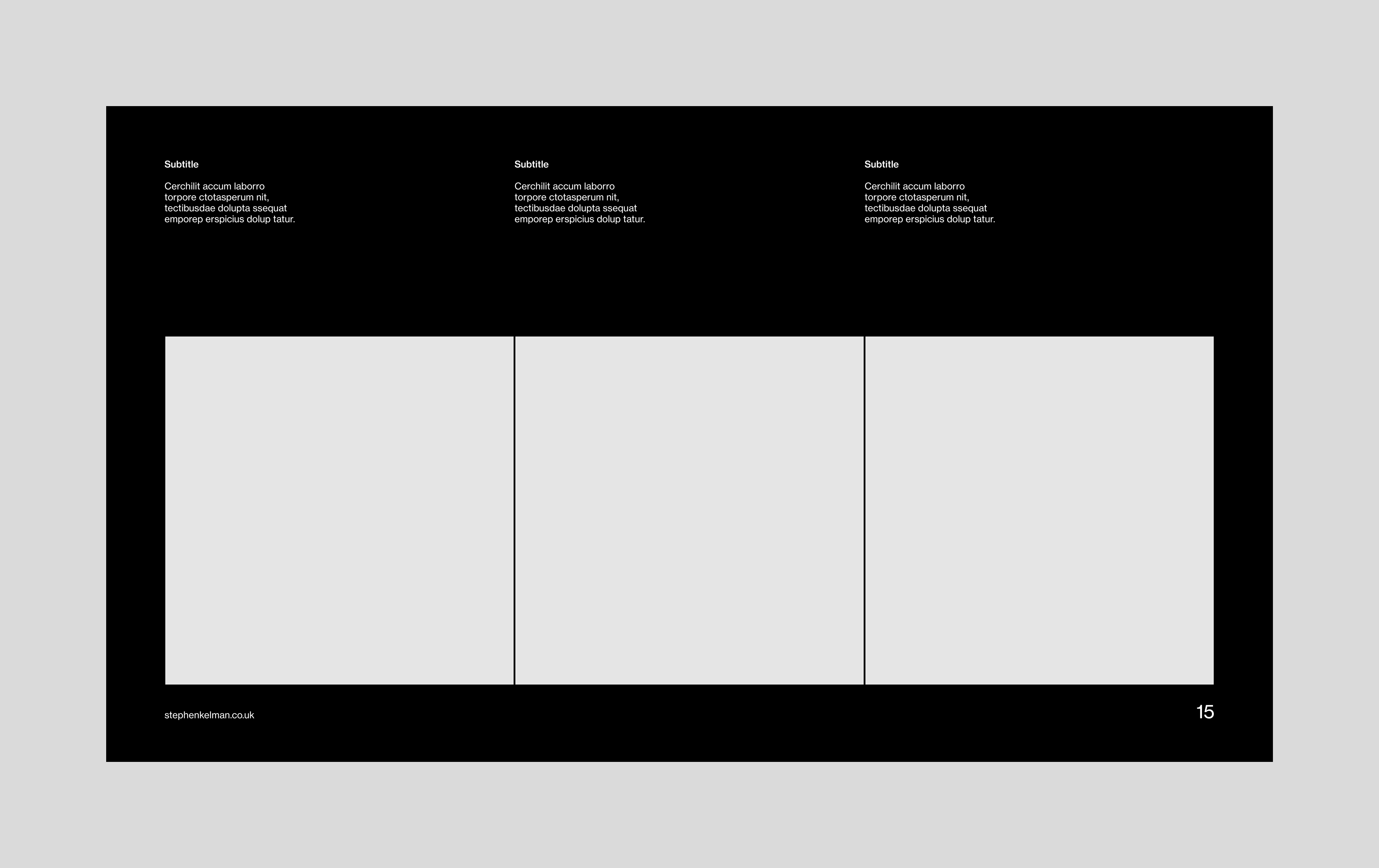 Layout design for a 16:9 presentation template designed for InDesign. This layout has a dark background and features three large images and three small paragraphs of text