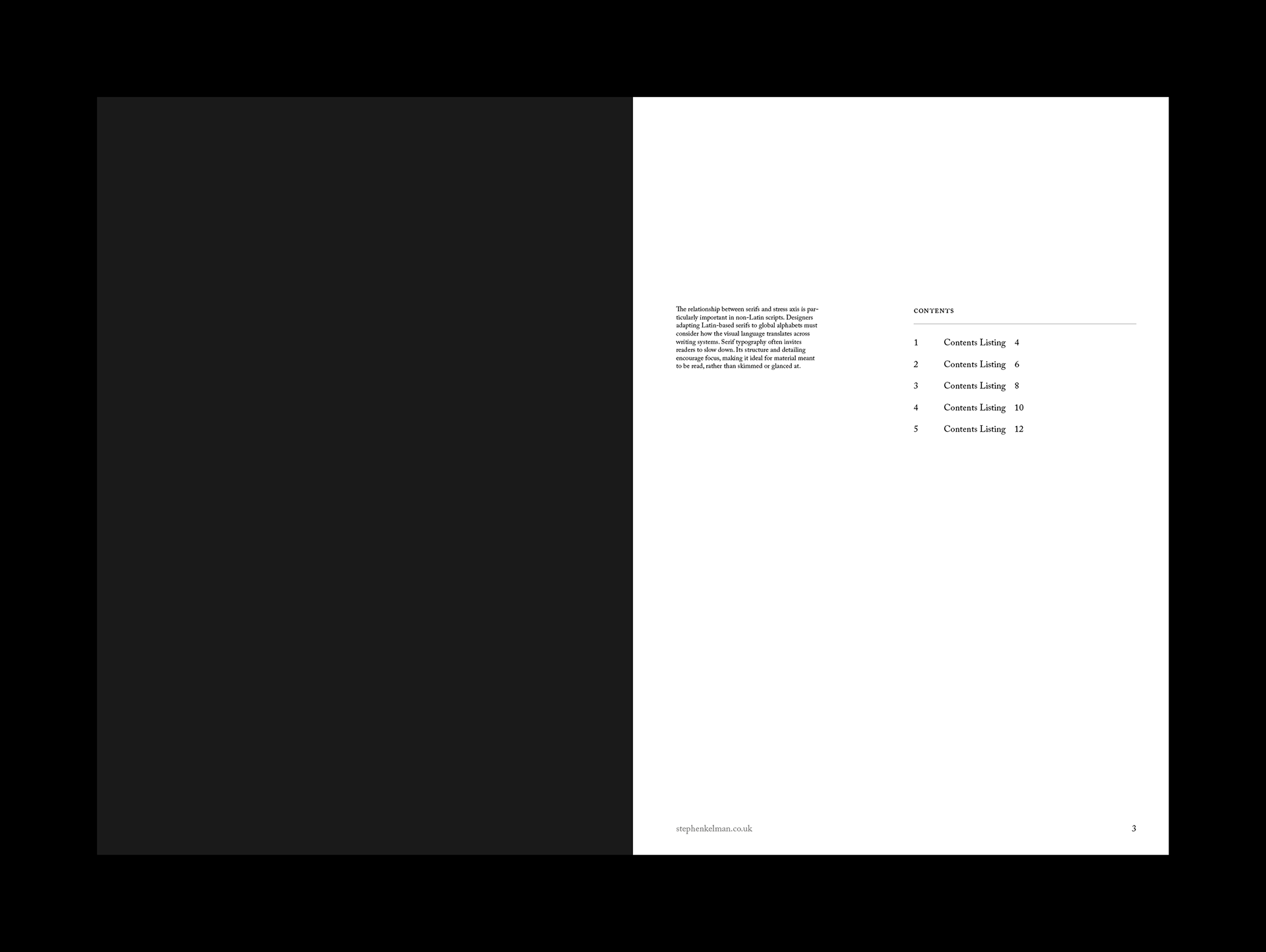 Inside front cover and contents page for an A4 portrait InDesign template designed for serif typography