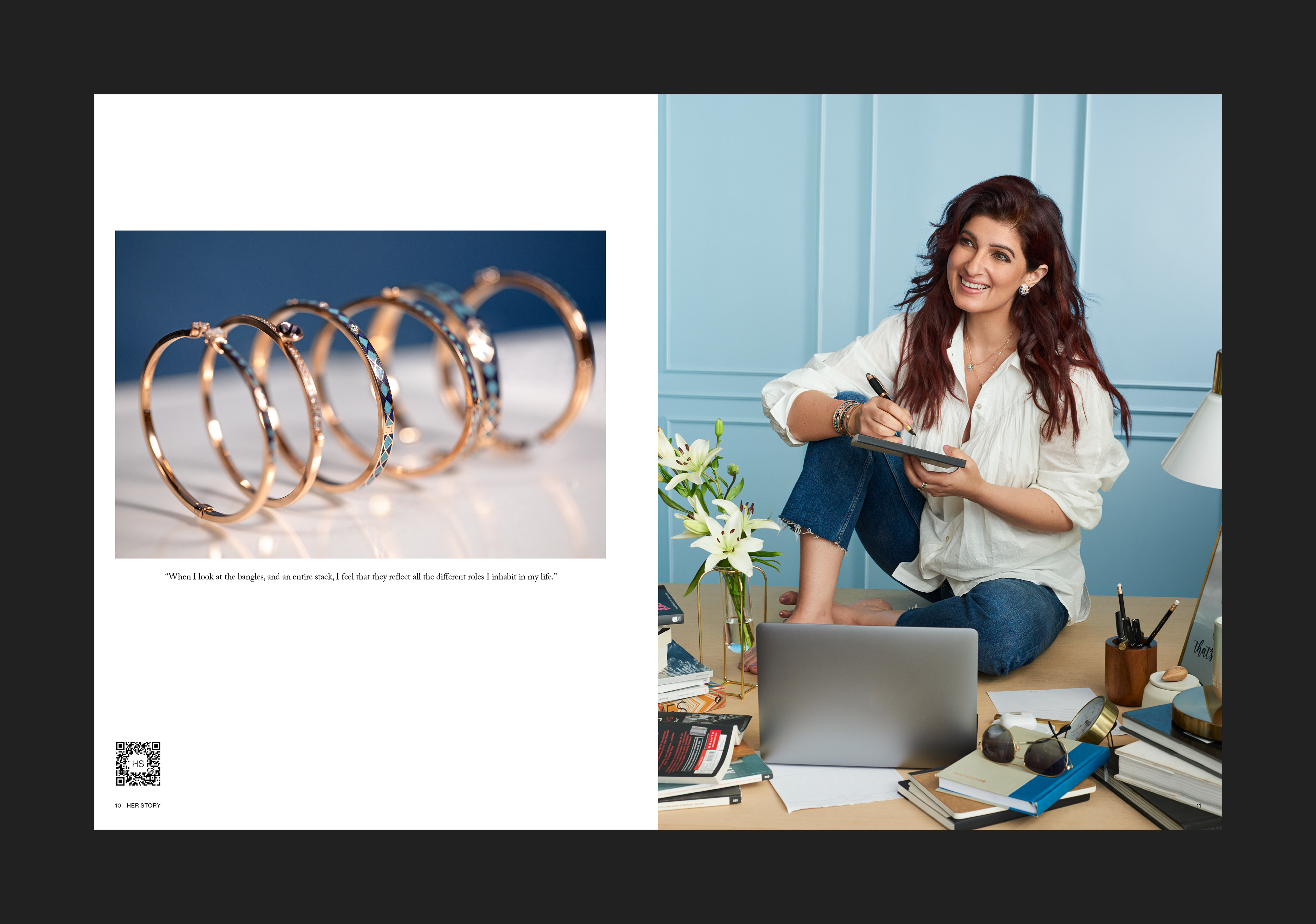 Spread design for jewellery magazine 'Her Story'. This spread features Twinkle Khanna