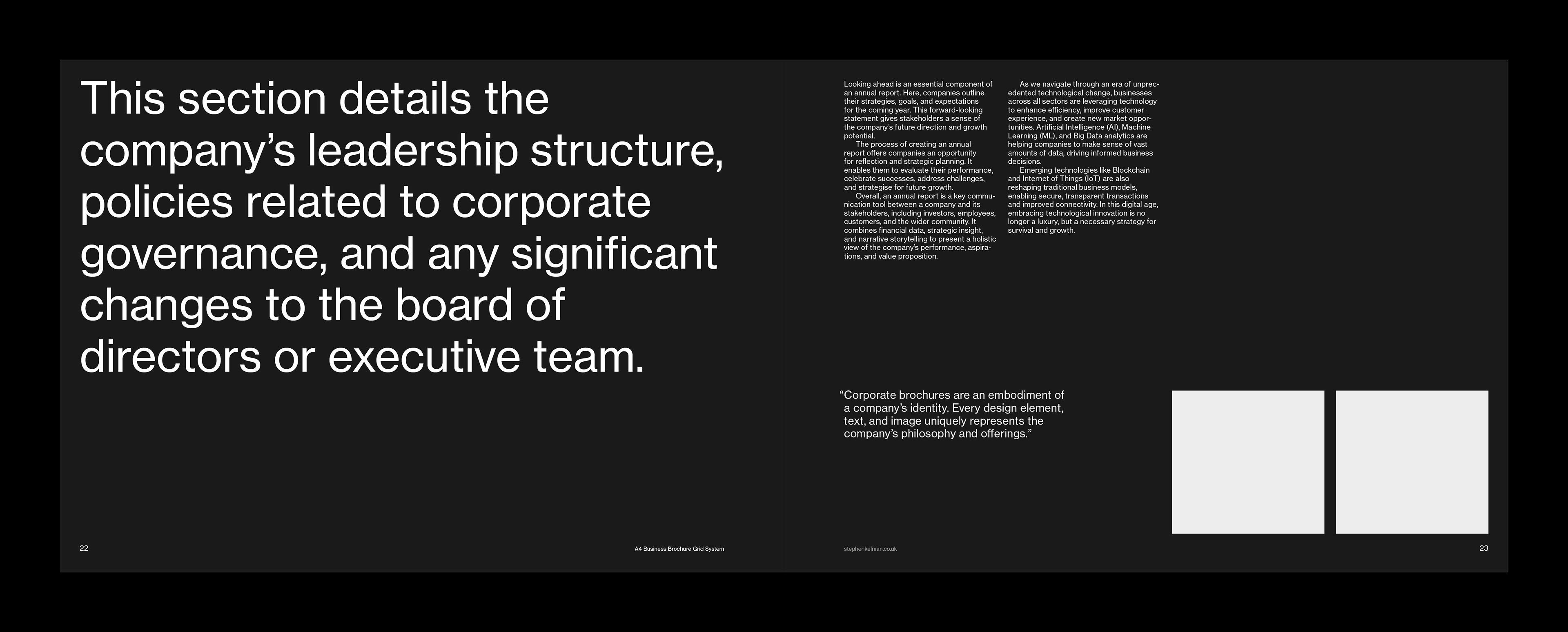 Spread design on dark background shows large pullquote on the left with some paragraphs of text and two images