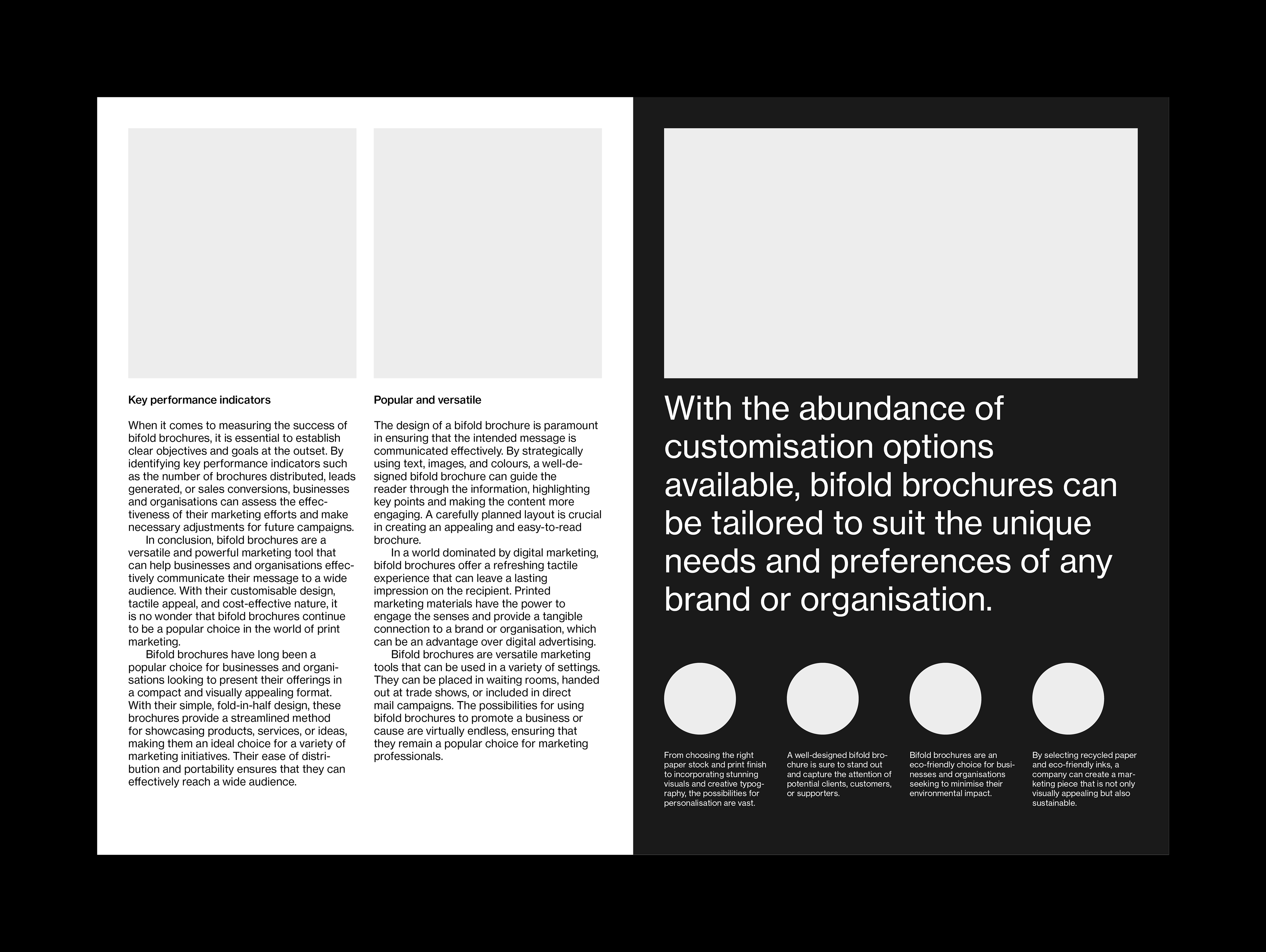 Example layout with Swiss style typography for the inside of an A5 bifold brochure. This example shows a mixture of left-aligned text and images on both light and dark backgrounds