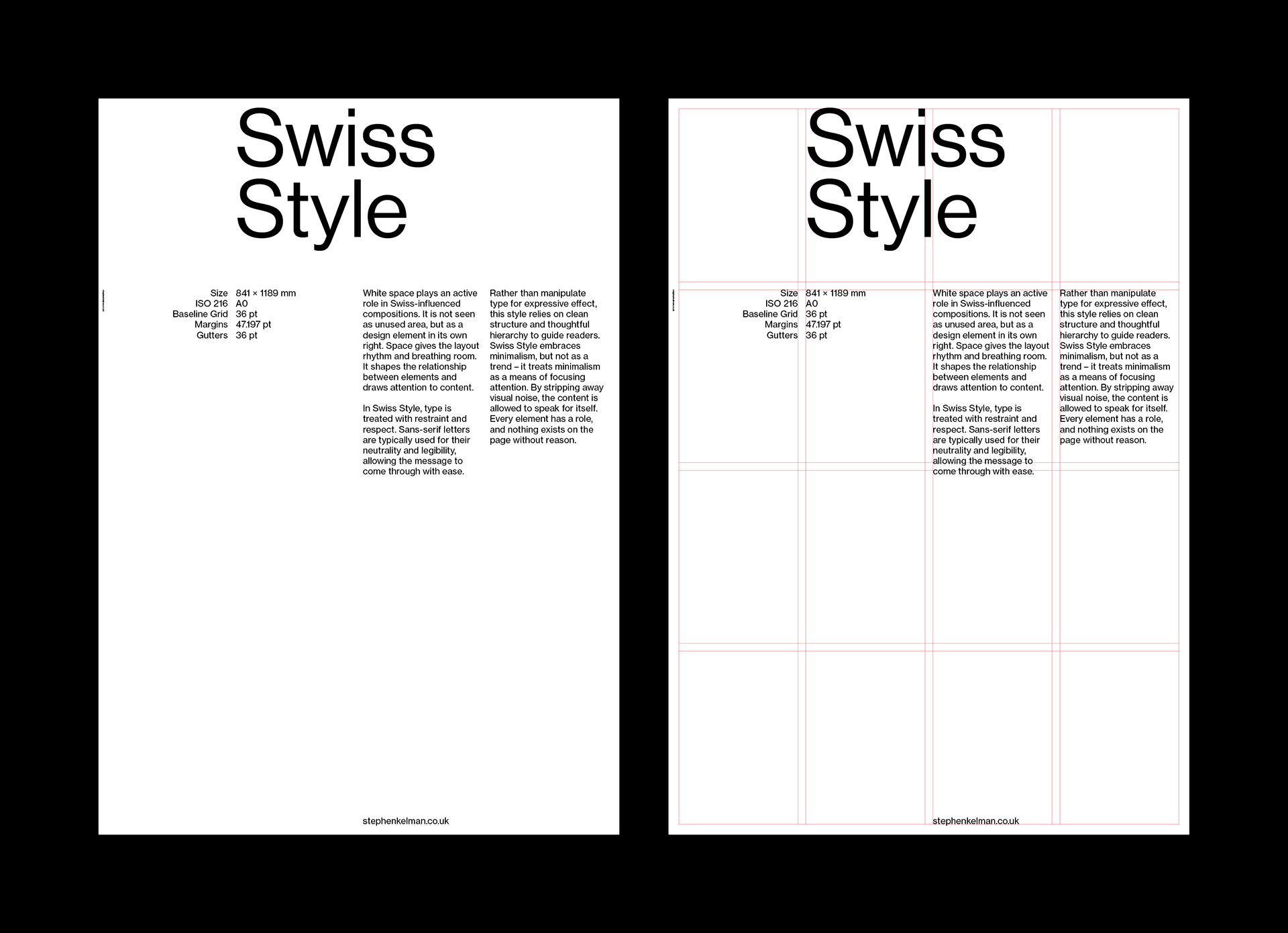 Two white Swiss Style posters side by side; the left shows a clean typographic layout, the right includes a visible red grid system overlay.