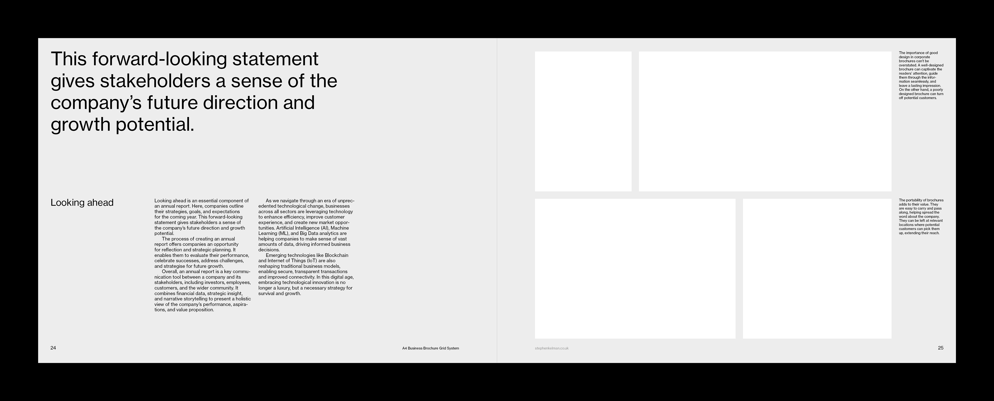 Spread design on light background shows large pullquote on the left with some paragraphs of text and two images