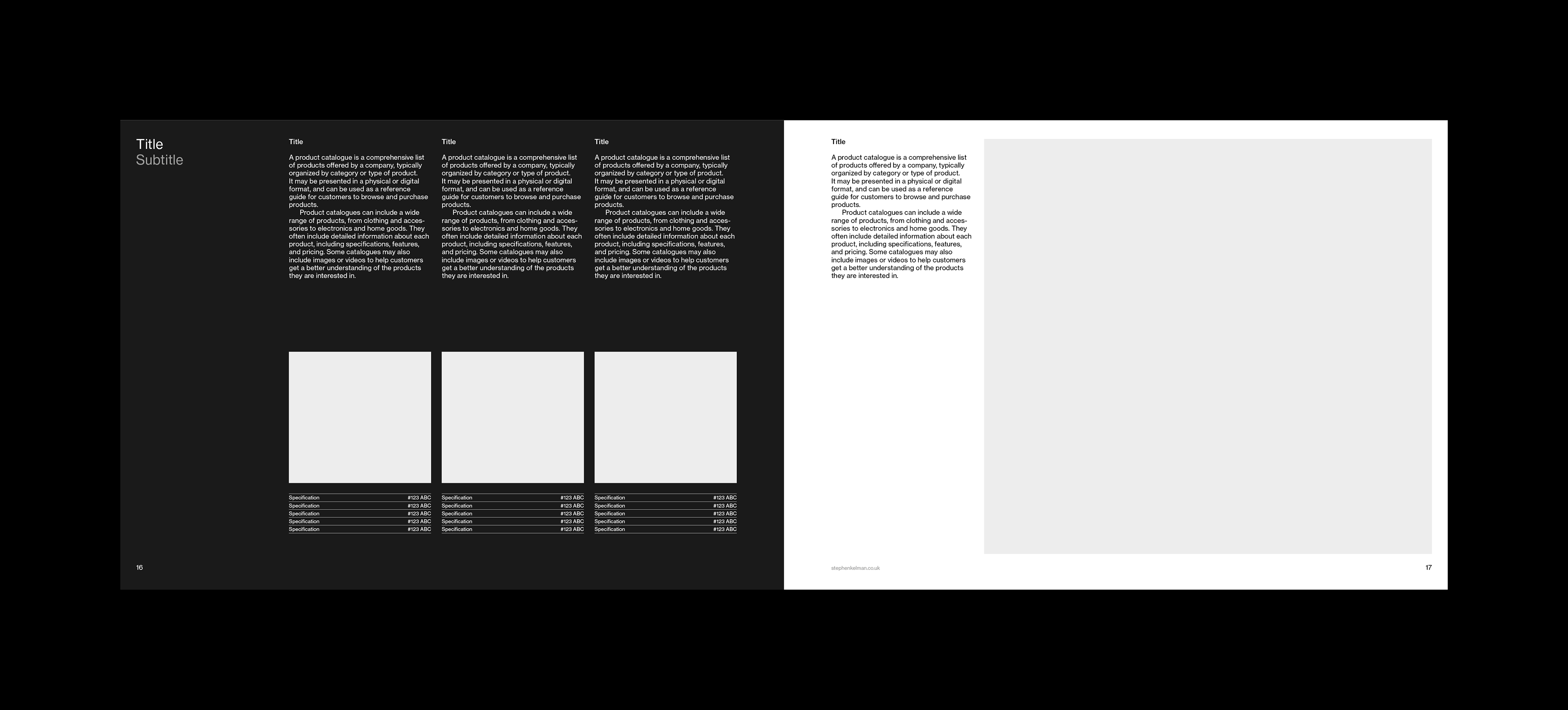 Interior spread for an A4 landscape catalogue template designed for Adobe InDesign. Spread features text and imagery on both light and dark backgrounds. The right-hand page has one large image and two paragraphs of body copy. The left-hand page has three product listings with body copy, an image and descriptor copy for each