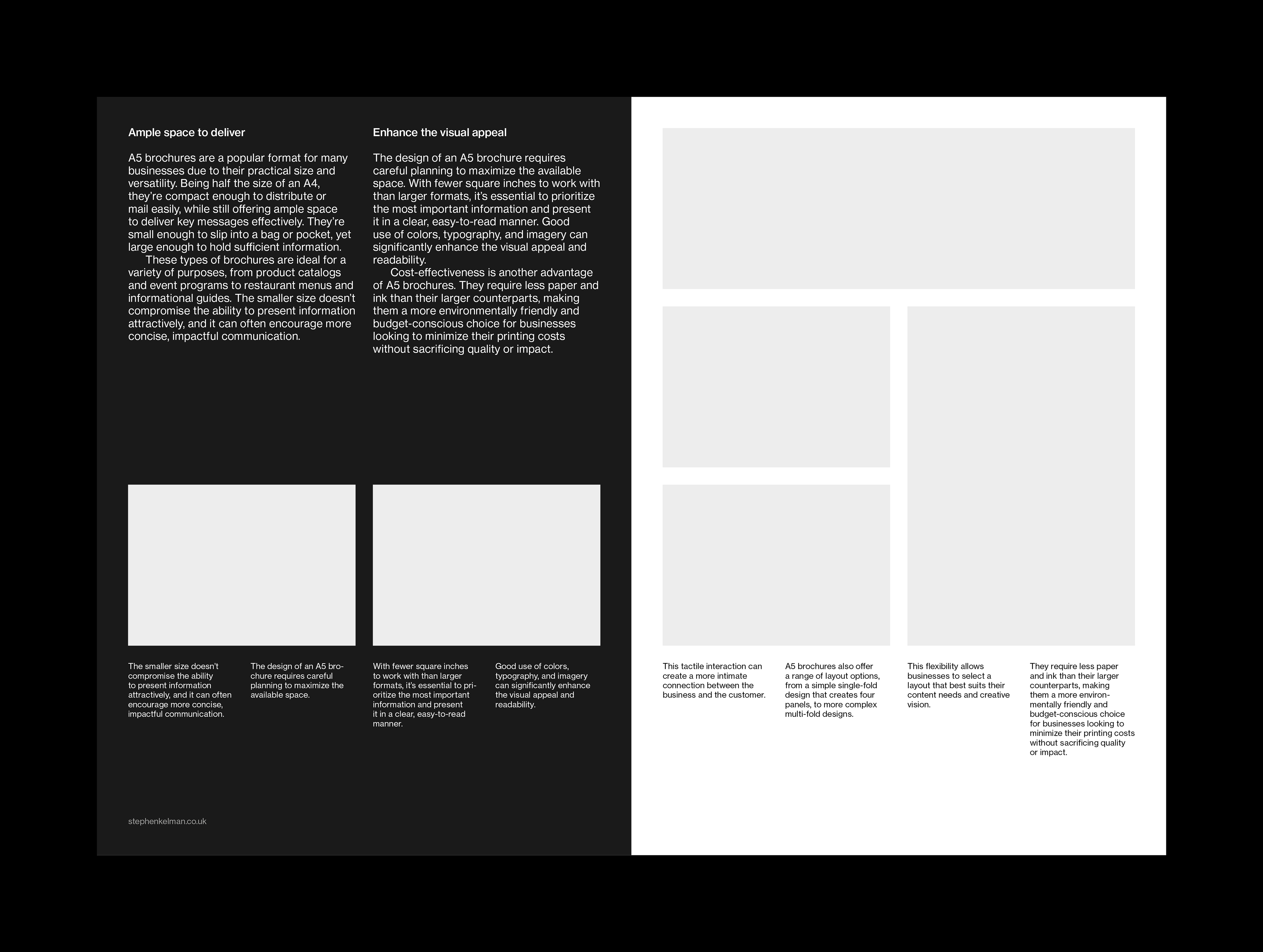 Spread layout design for an A5 InDesign template. This example shows a dark page on the left and a light page on the right. Both pages have a mix of text and images in a Swiss typography style
