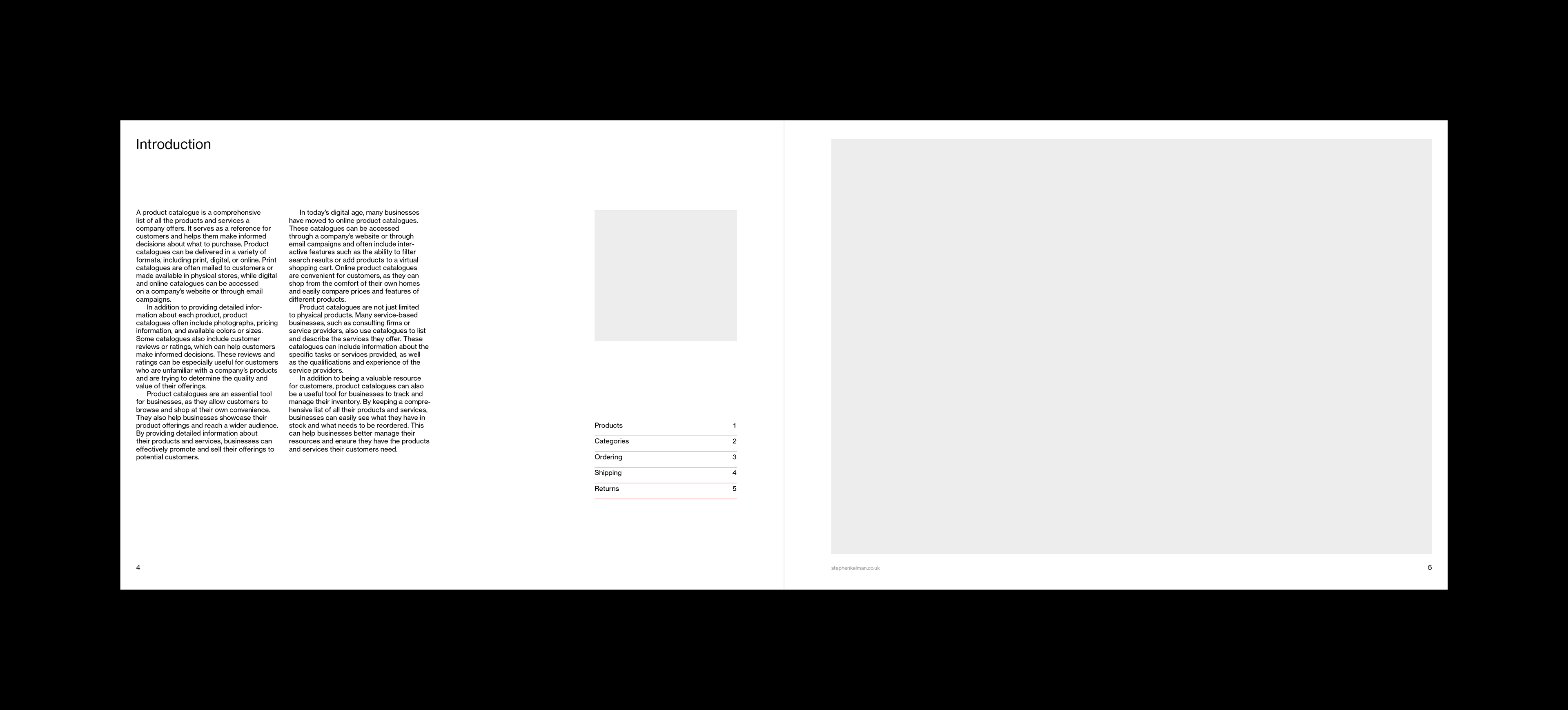 Sample typographic layout design for an A4 landscape template for Adobe InDesign. The spread features six paragraphs of left-aligned body-copy and one large and one small image