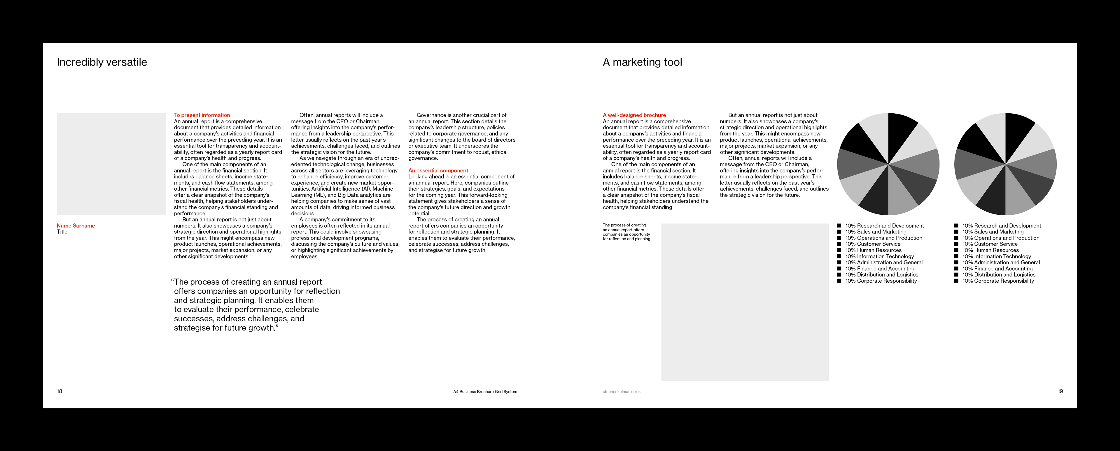 Spread design for A4 landscape InDesign grid system template. The layout shows a pie charts as well as a mix of text and images