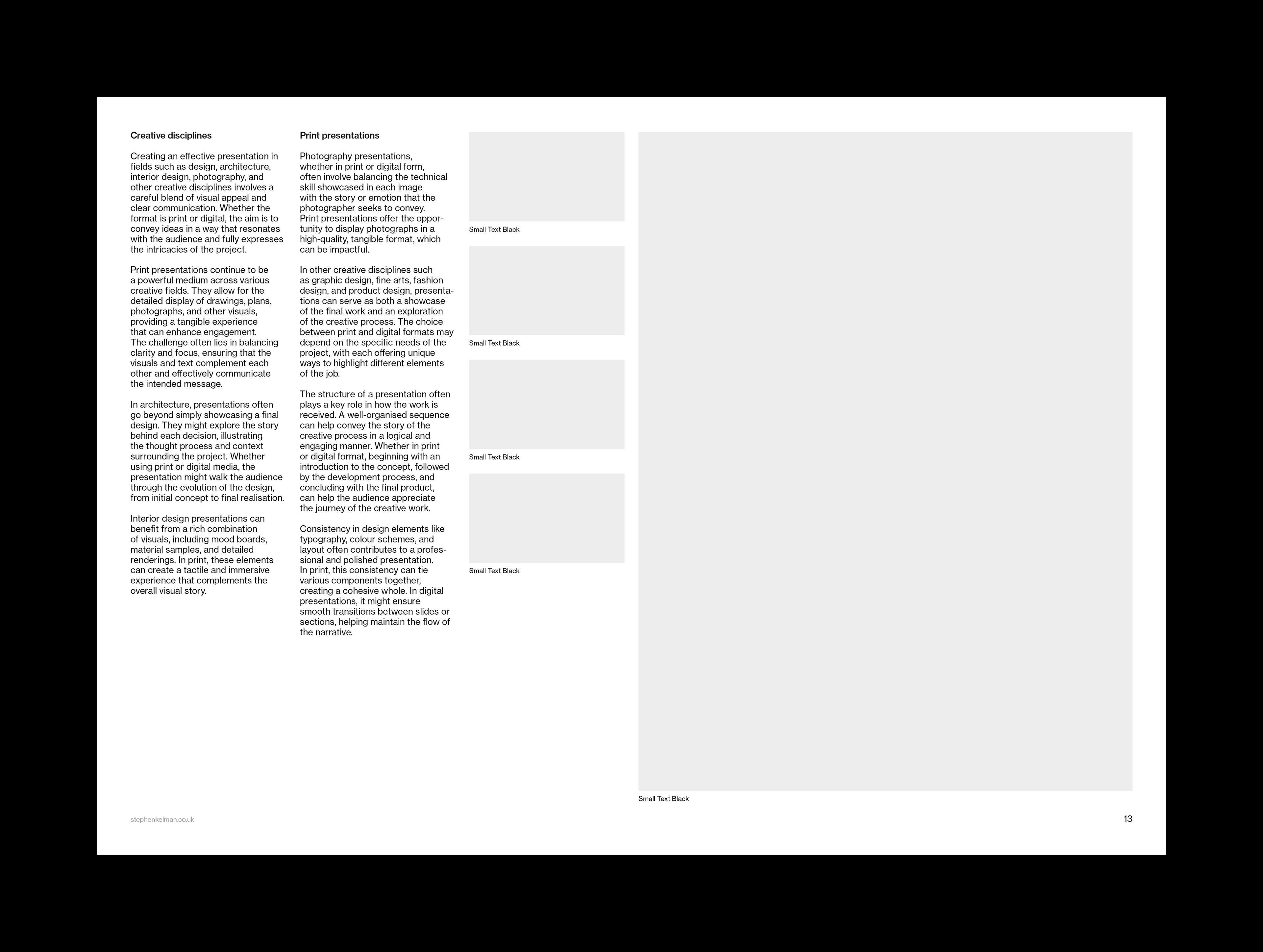 A presentation grid system for A3 landscape format with placeholders for text and images, designed for creative and professional use.