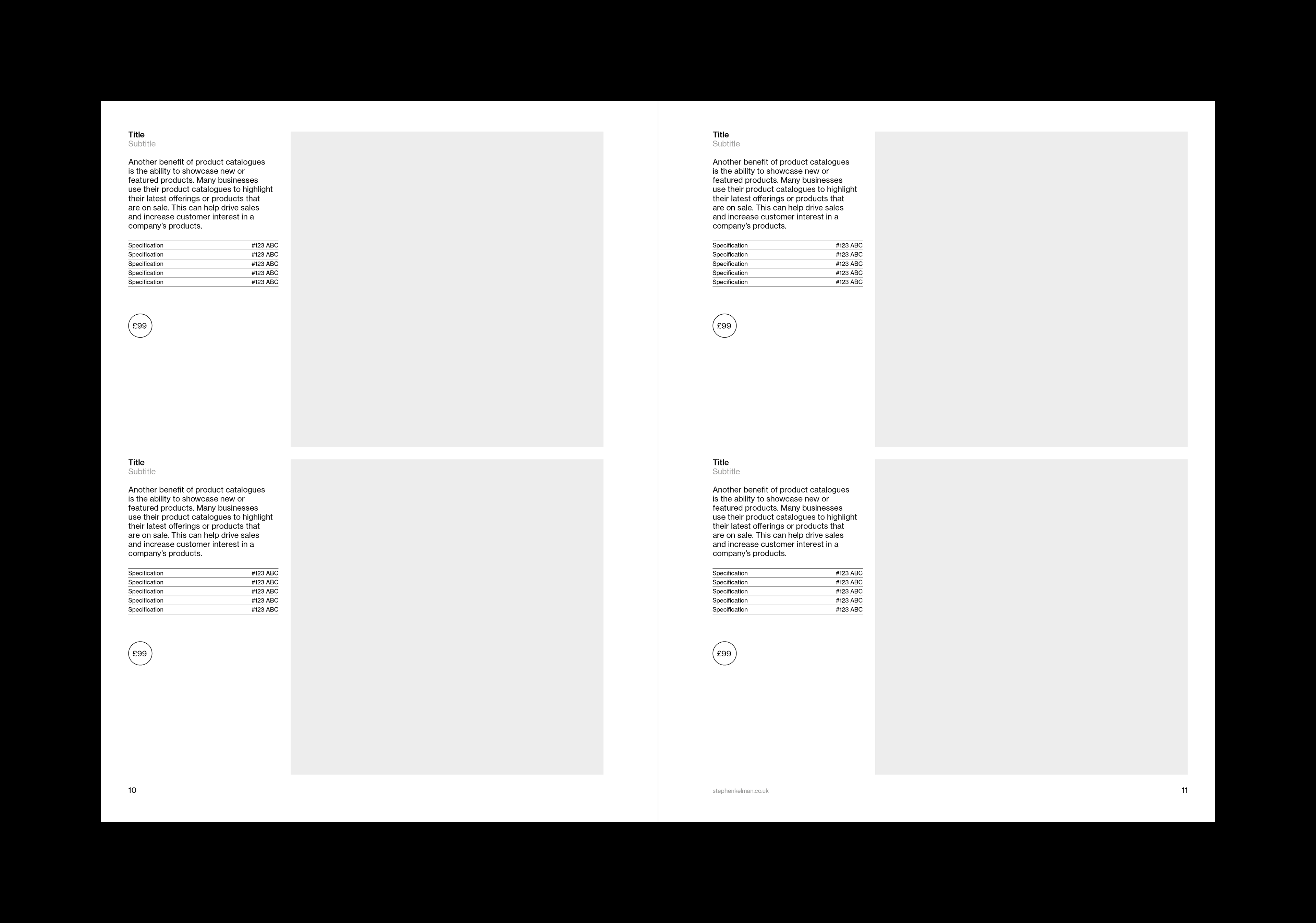 Products spread of a US letter catalog template for Adobe InDesign. Spread features four products with one paragraph of text for each and a large image