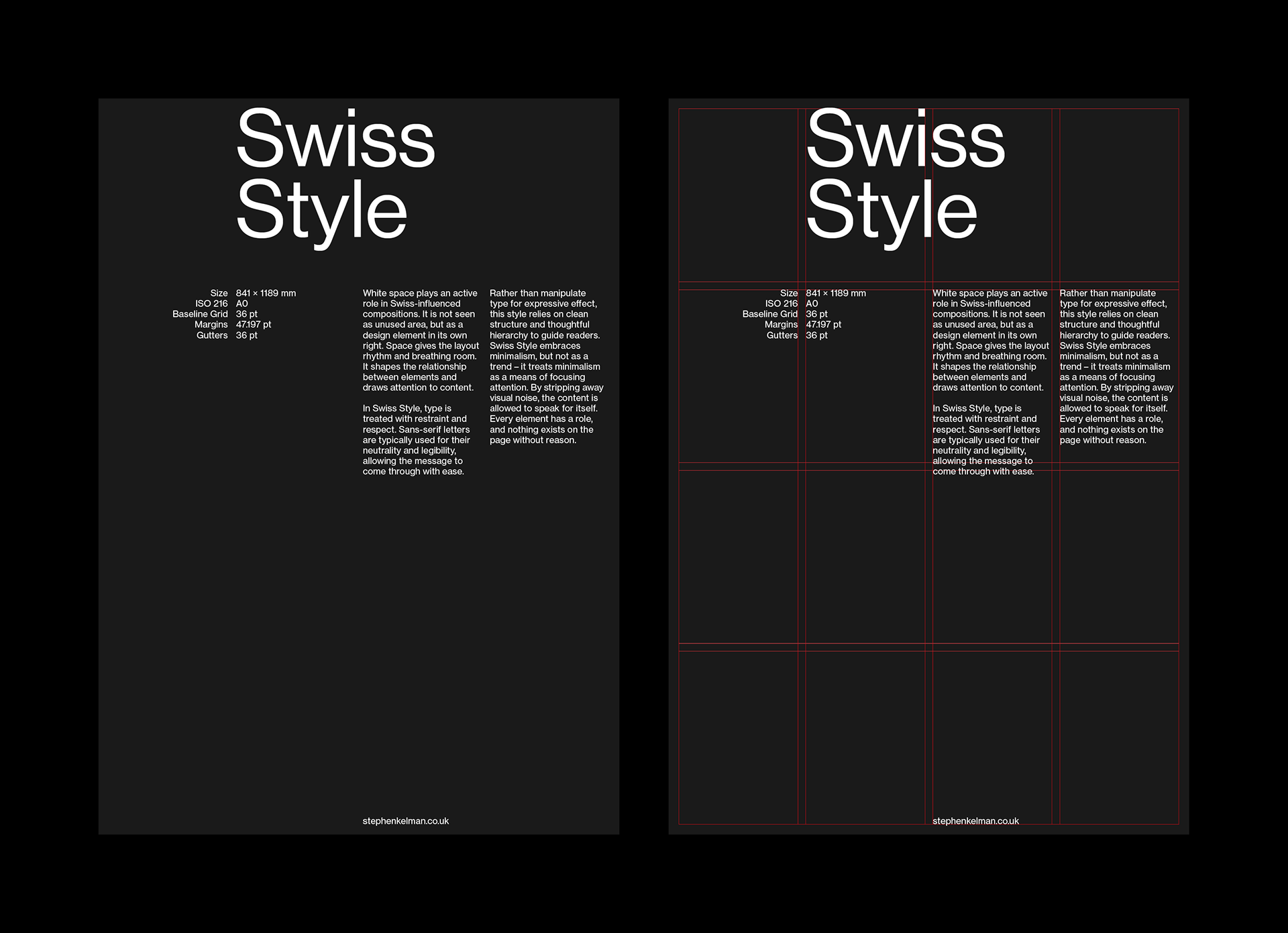 Two dark Swiss Style posters side by side; the left shows a clean typographic layout, the right shows the same layout with visible red grid lines.