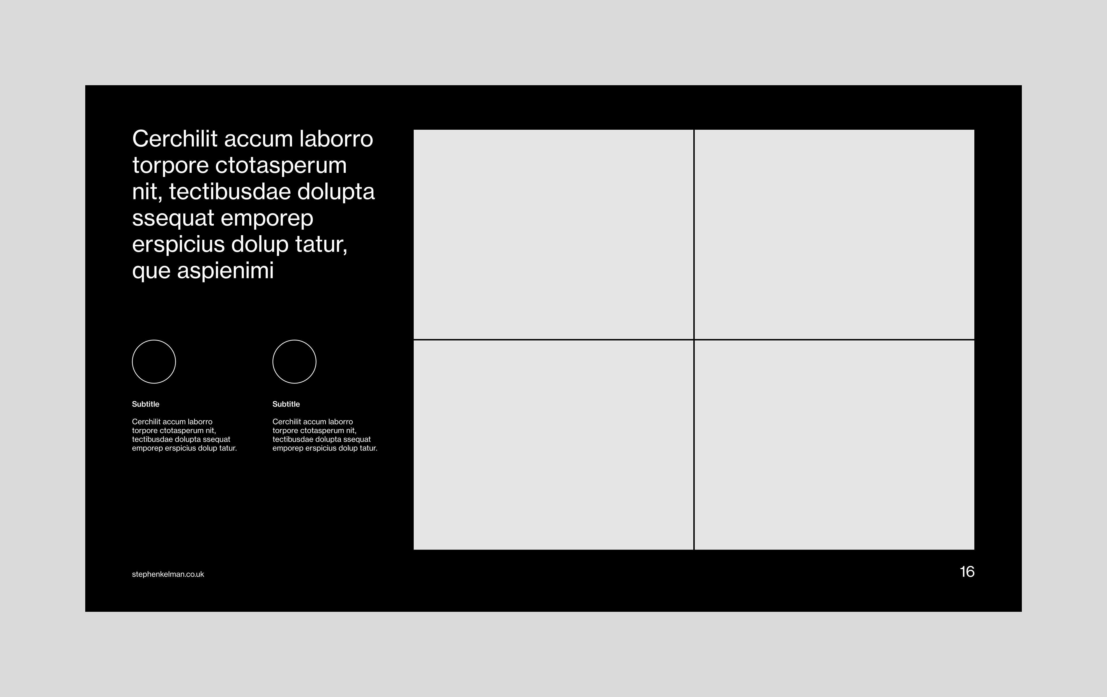 Layout design for a digital presentation template designed for Adobe InDesign. Layout design shows four large images, one large paragraph of text and two supporting paragraphs of text