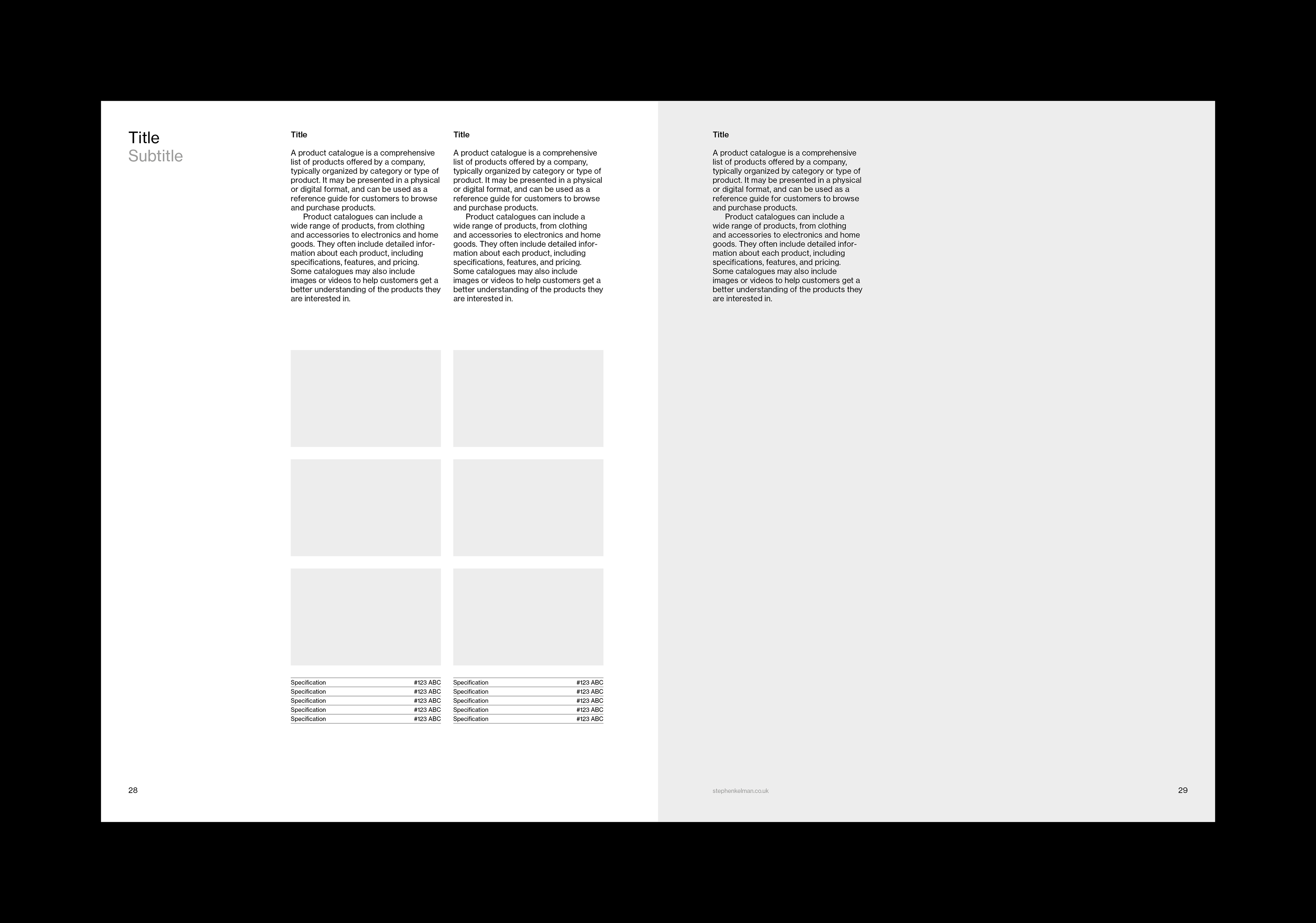 Interior spread for a US letter format catalog template designed for Adobe InDesign. The left-hand spread shows two product listings with three images for each. The right-hand page shows one large, full-bleed image with some descriptor copy on top