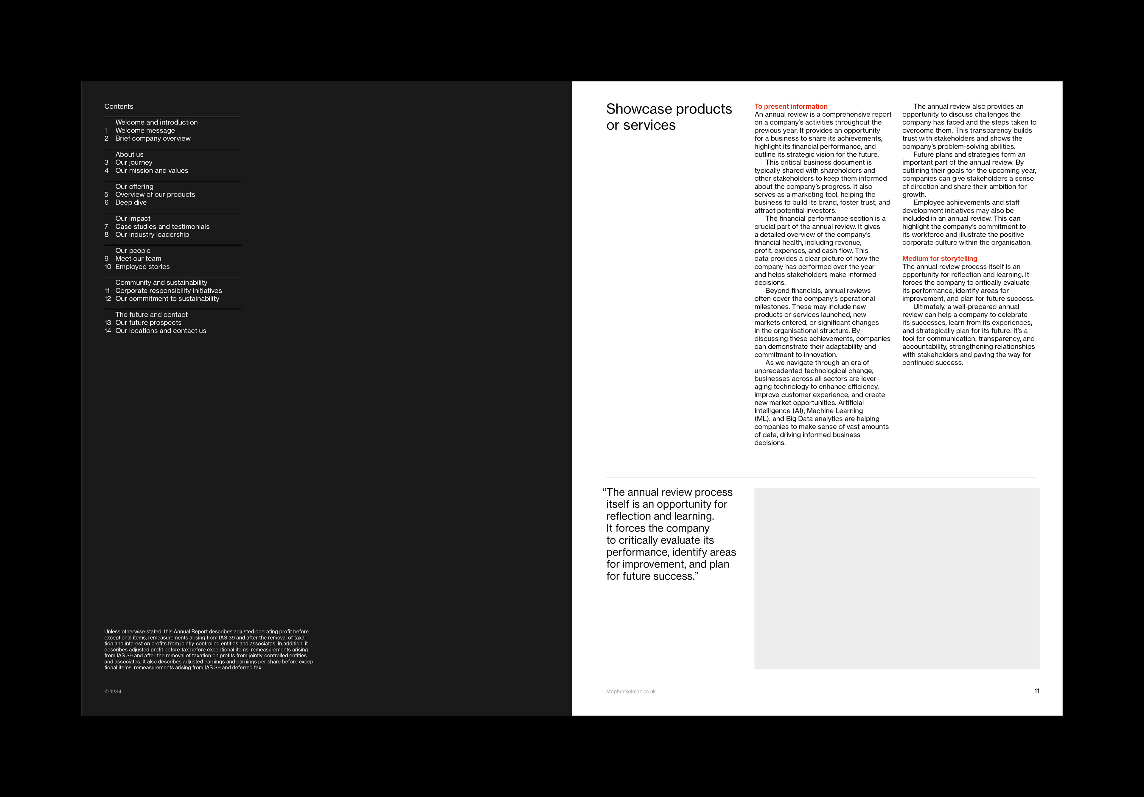 Inside front cover layout in Swiss style typography for an InDesign annual report template