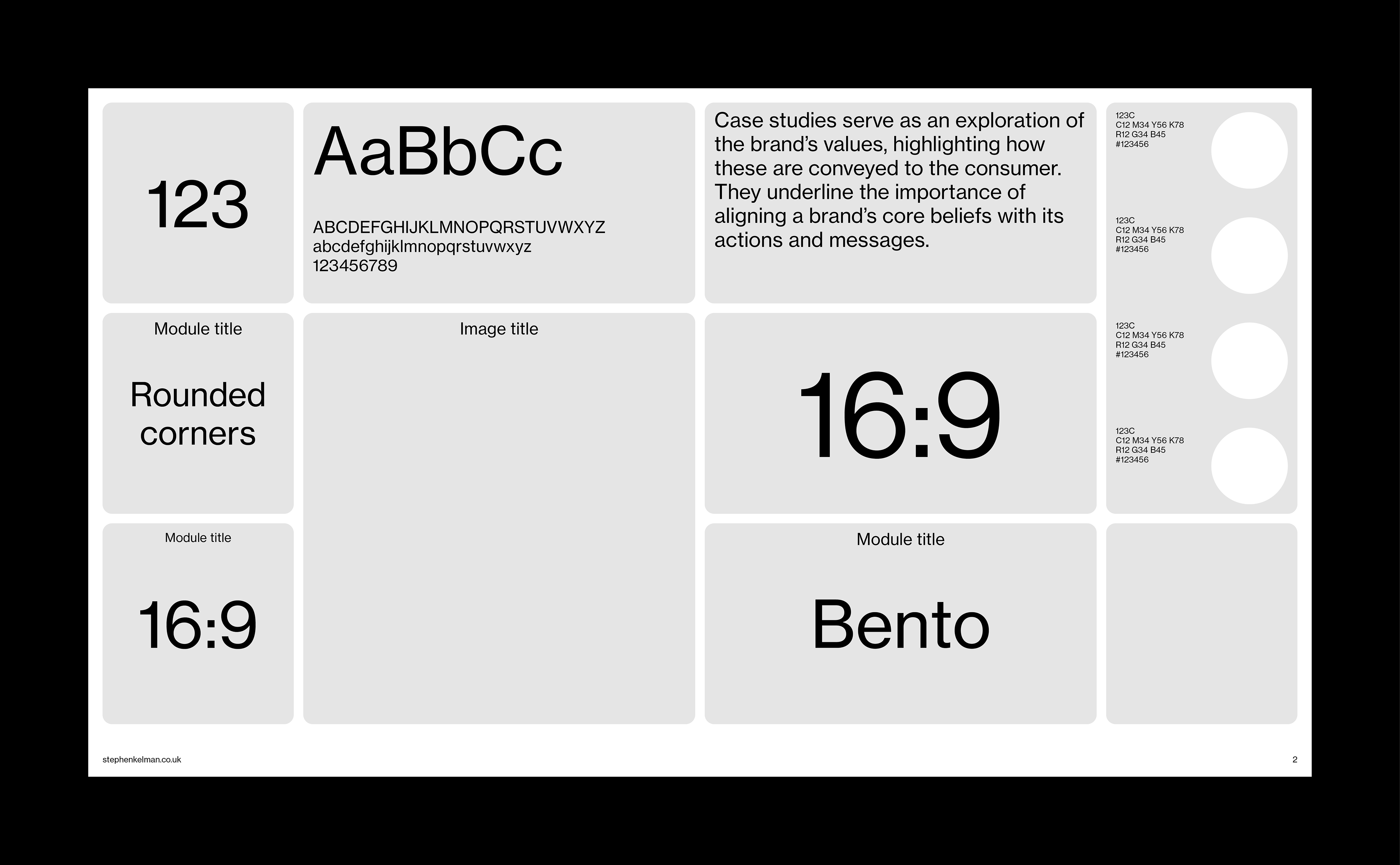Bento Style Presentation Grid System for InDesign | Example layout on white background