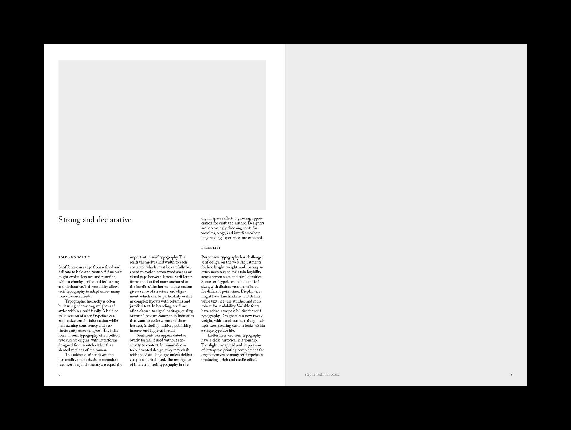 Editorial style spread design for an A4 portrait InDesign template. This spread shows three columns of full-justify text, a pullquote, captions and two large images on the right-hand page