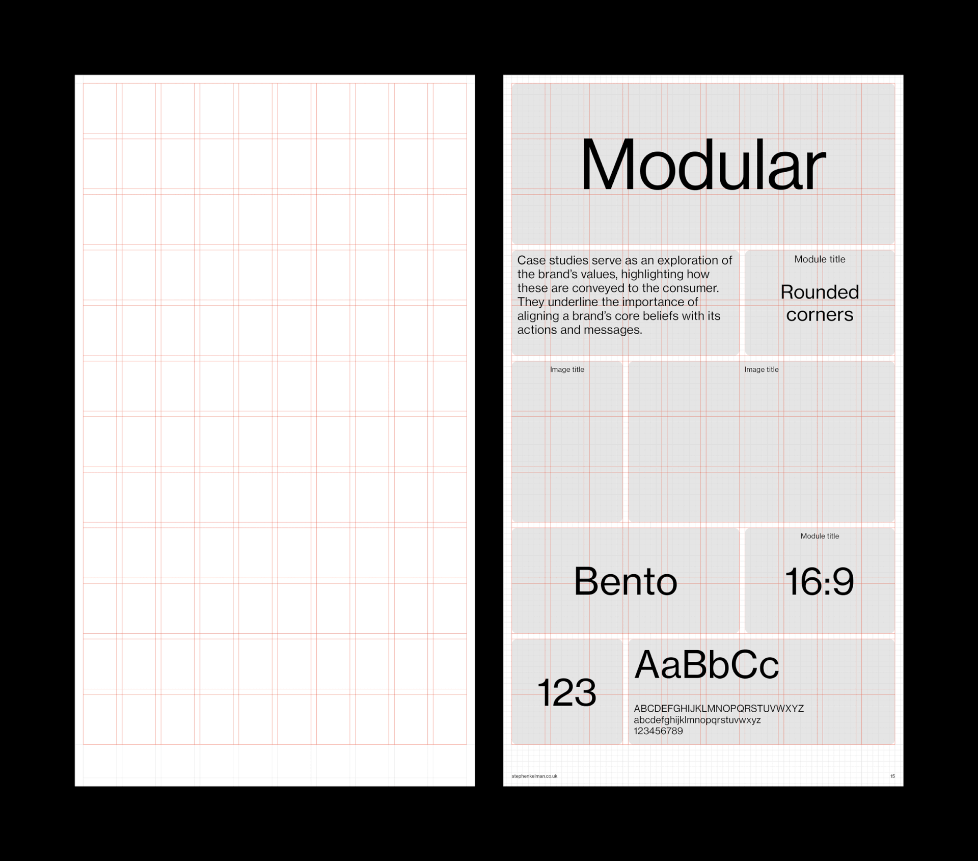 Animated gif showing layout examples and visible modular grid for a bento style InDesign presentation template