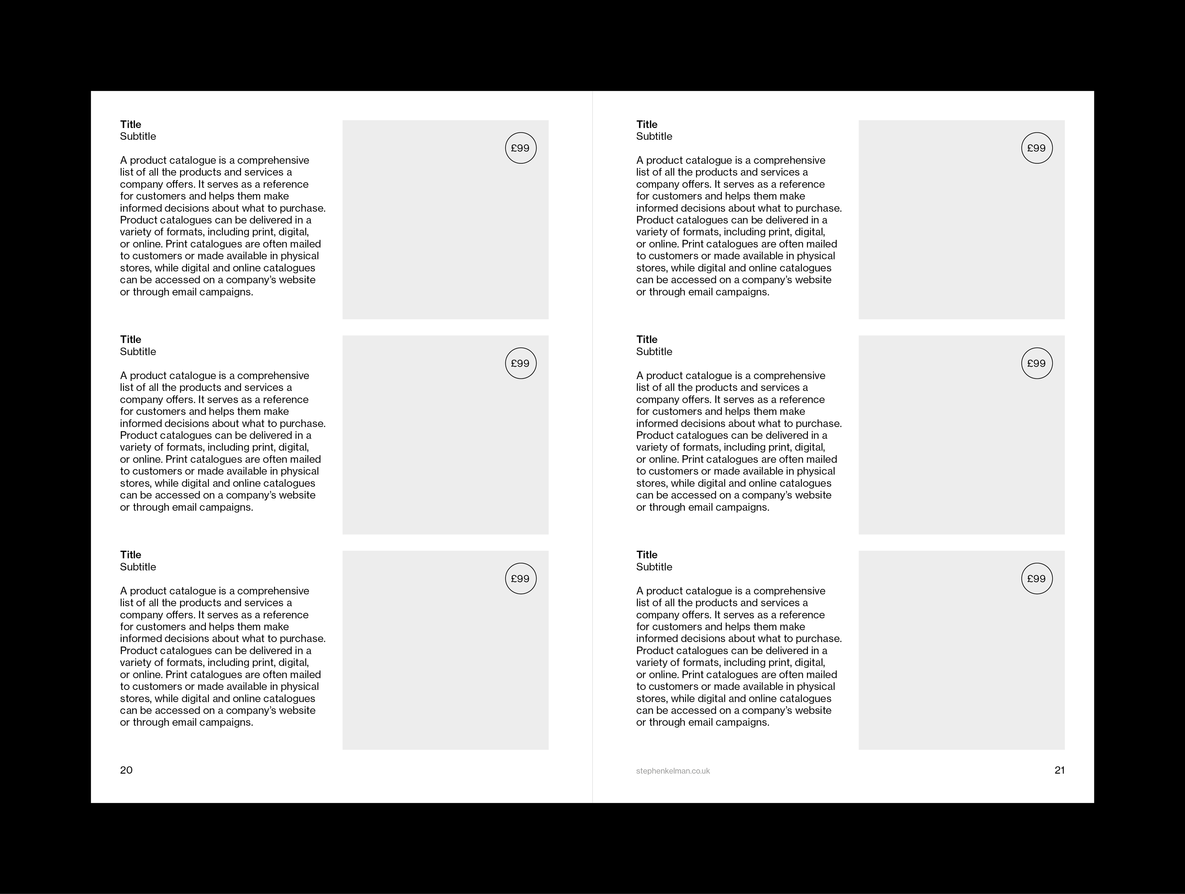 Internal layout example for A5 catalogue grid system and template for Adobe InDesign. This layout shows a mixture of text and images