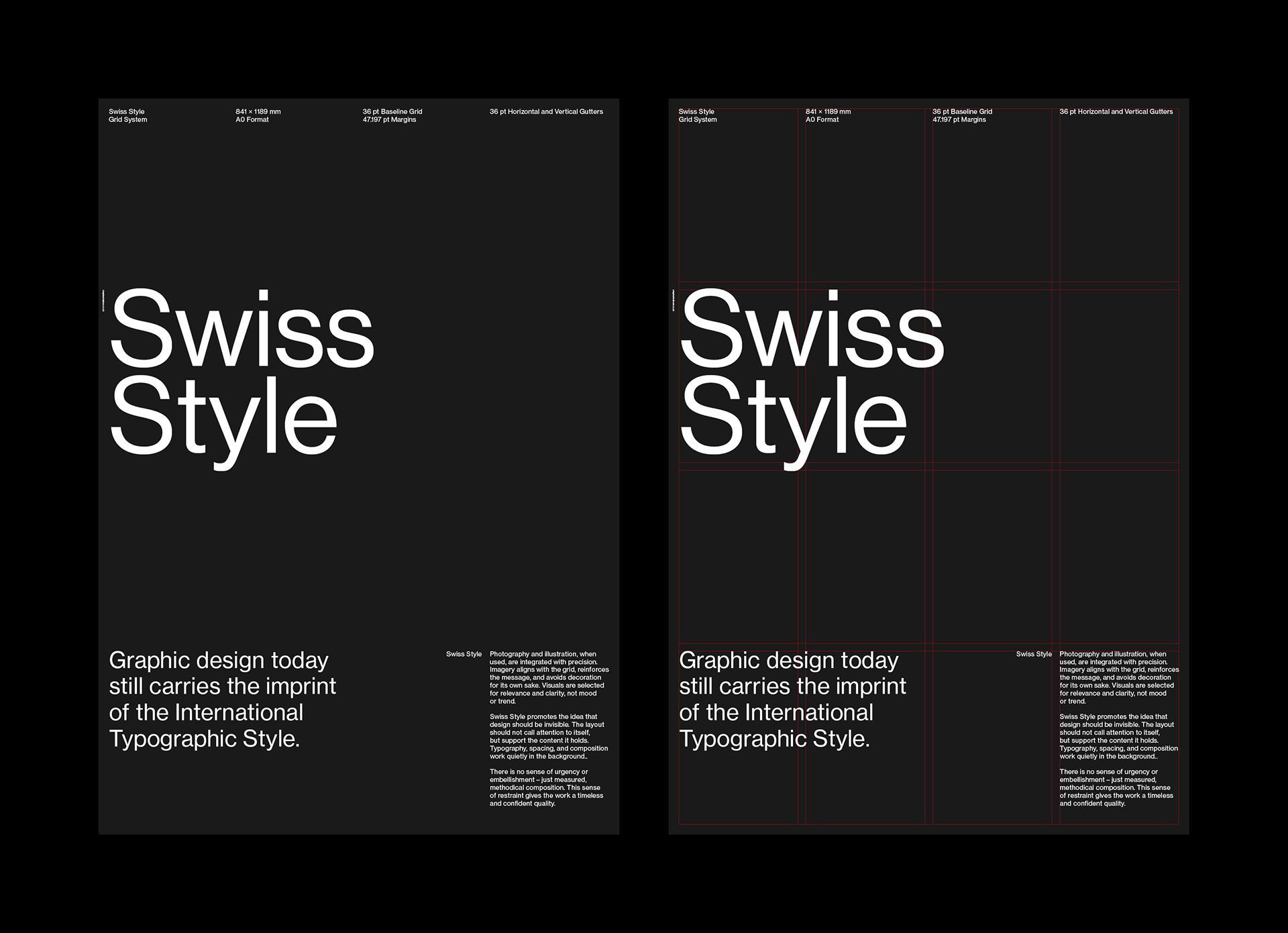 Two dark Swiss Style posters; the left features bold typography and layout information, the right shows the same design with a visible red grid overlay.