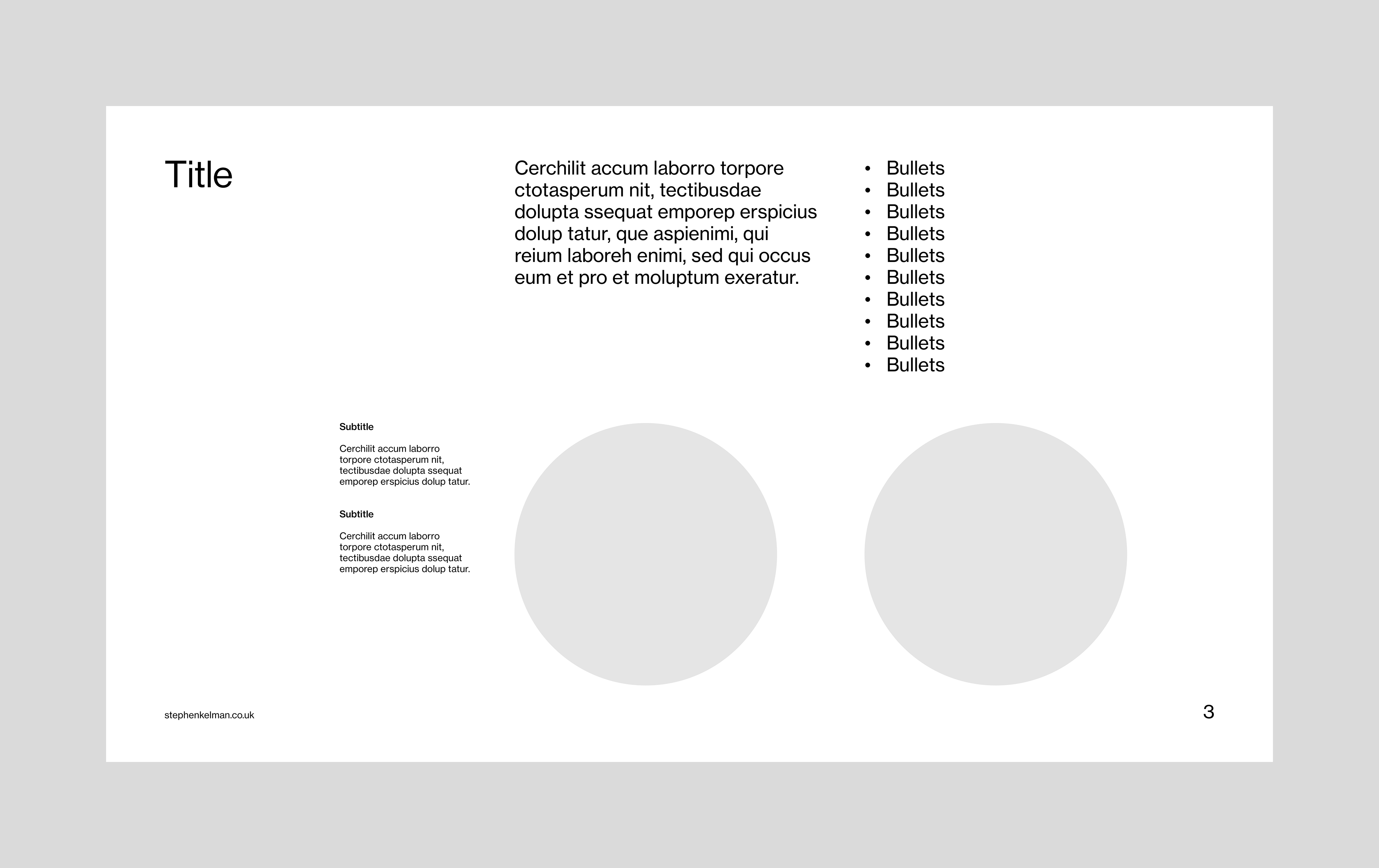 content page for a 16:9 presentation template. design features two large circular images and some text based content in different sizes