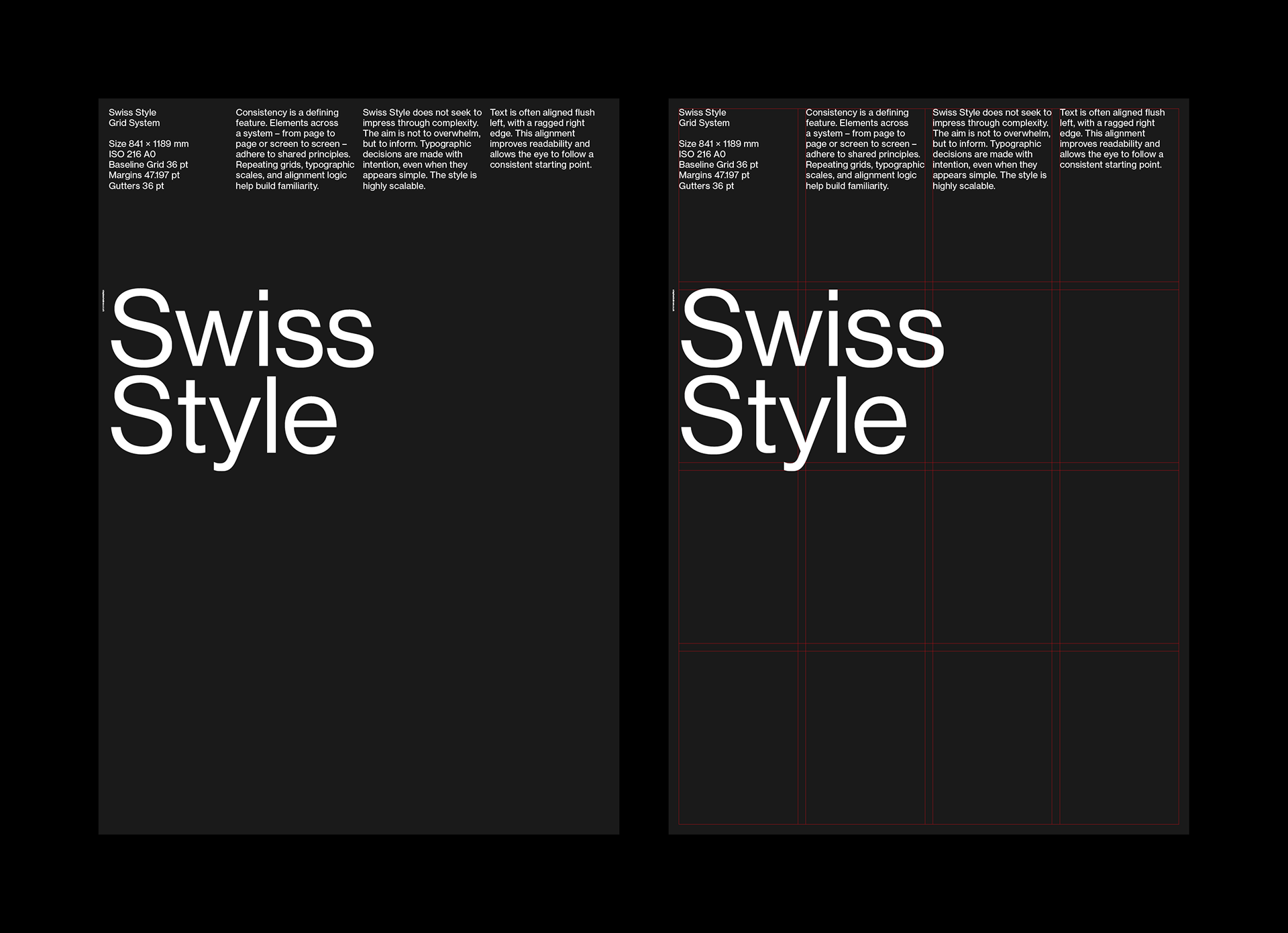 Two dark Swiss Style posters; the left features bold typography and layout details, the right shows the same design with a red grid system overlay.