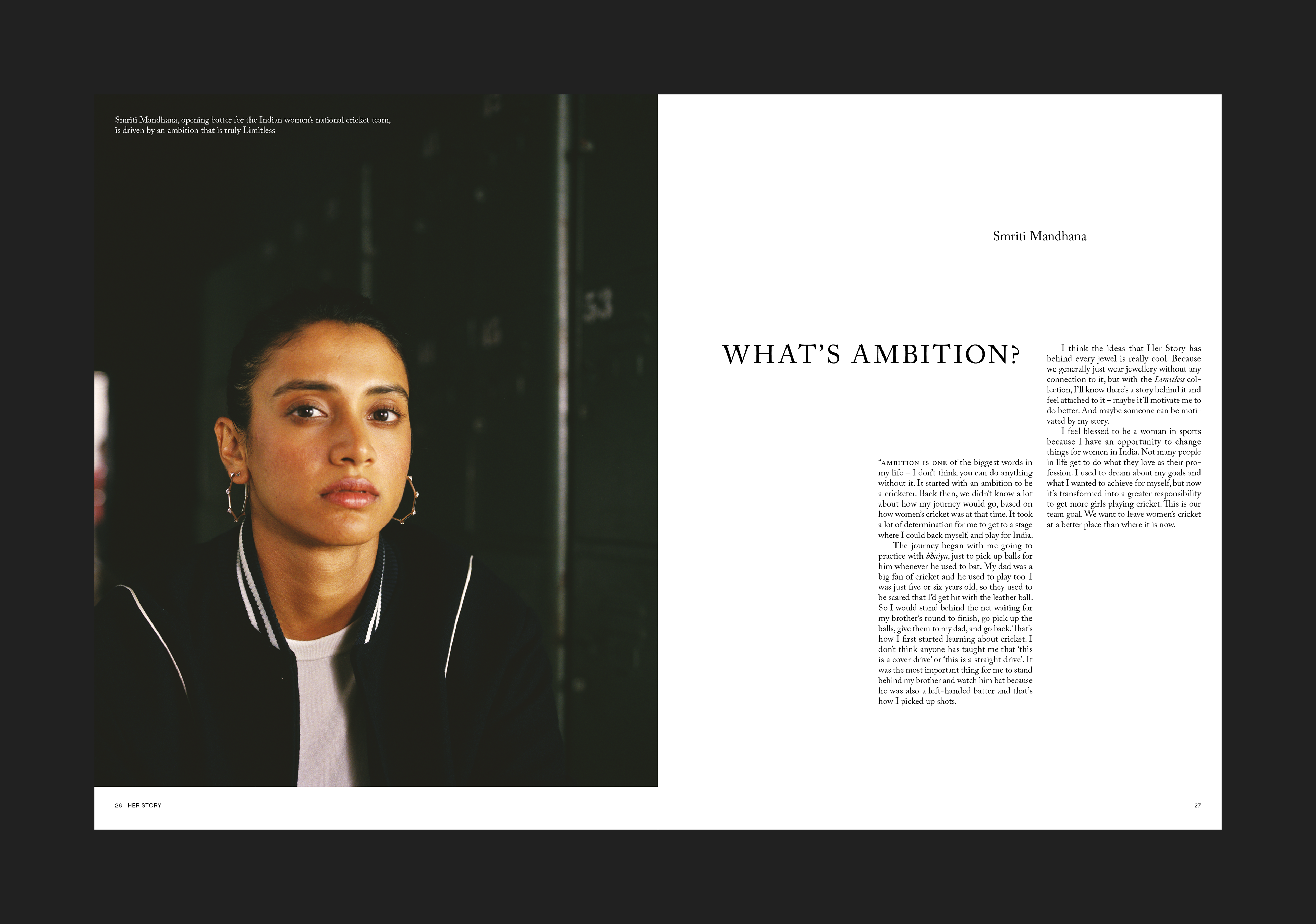 Spread design for jewellery magazine 'Her Story'. This spread features Smriti Mandhana