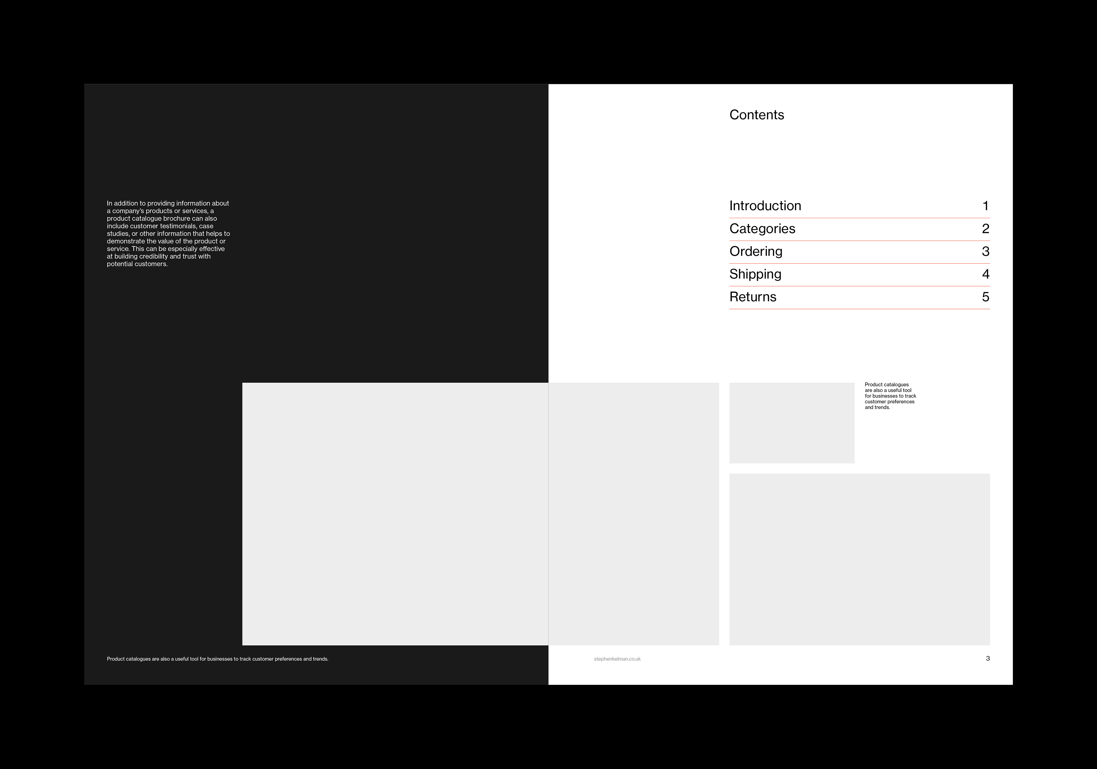 Inside front cover design for a US letter format InDesign catalog template. Spread shows contents with section titles and pages along with images at different sizes