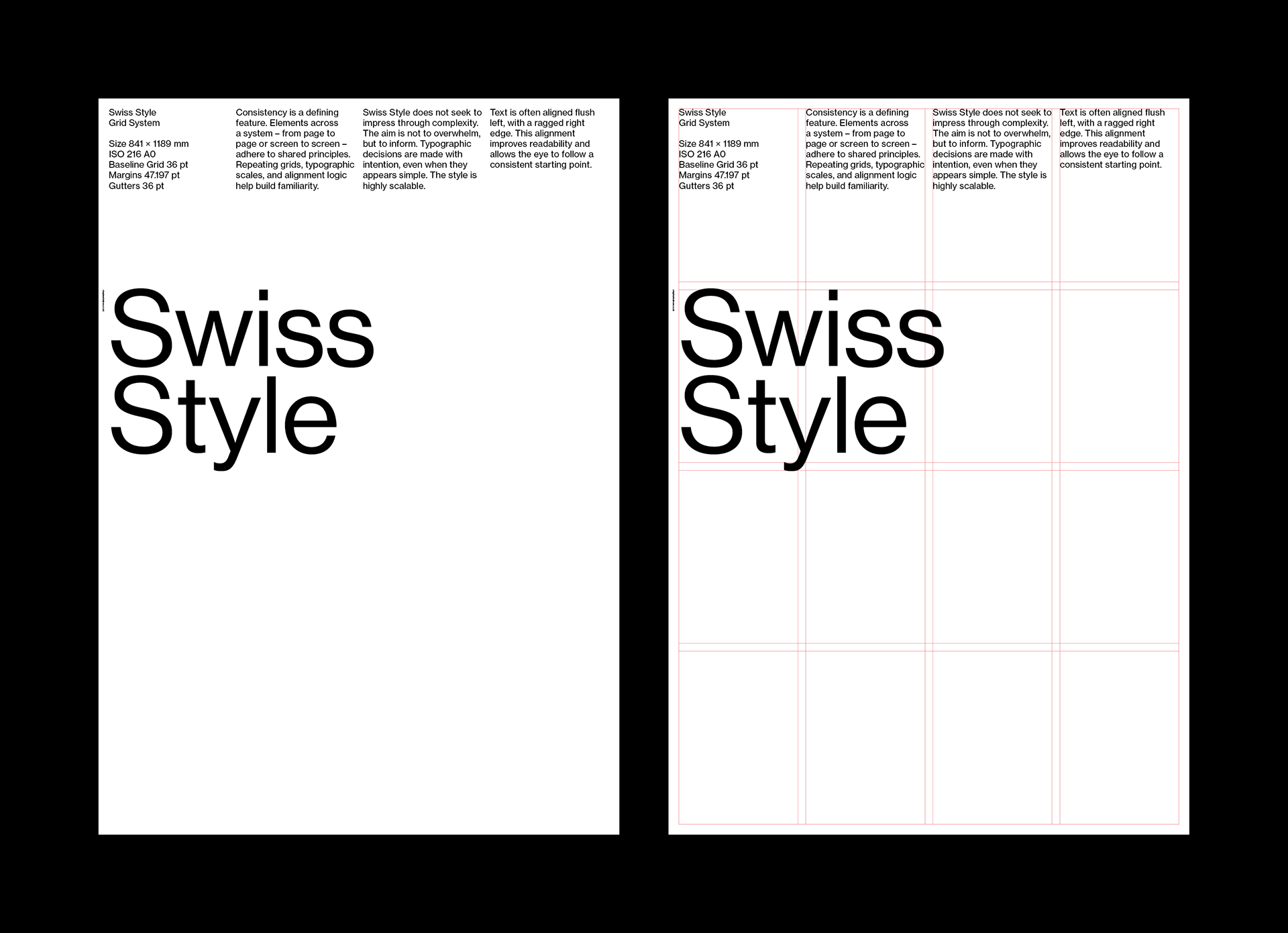 Two Swiss Style posters side by side; the left features clean typographic layout principles, the right shows the same design with visible grid lines and baseline structure.