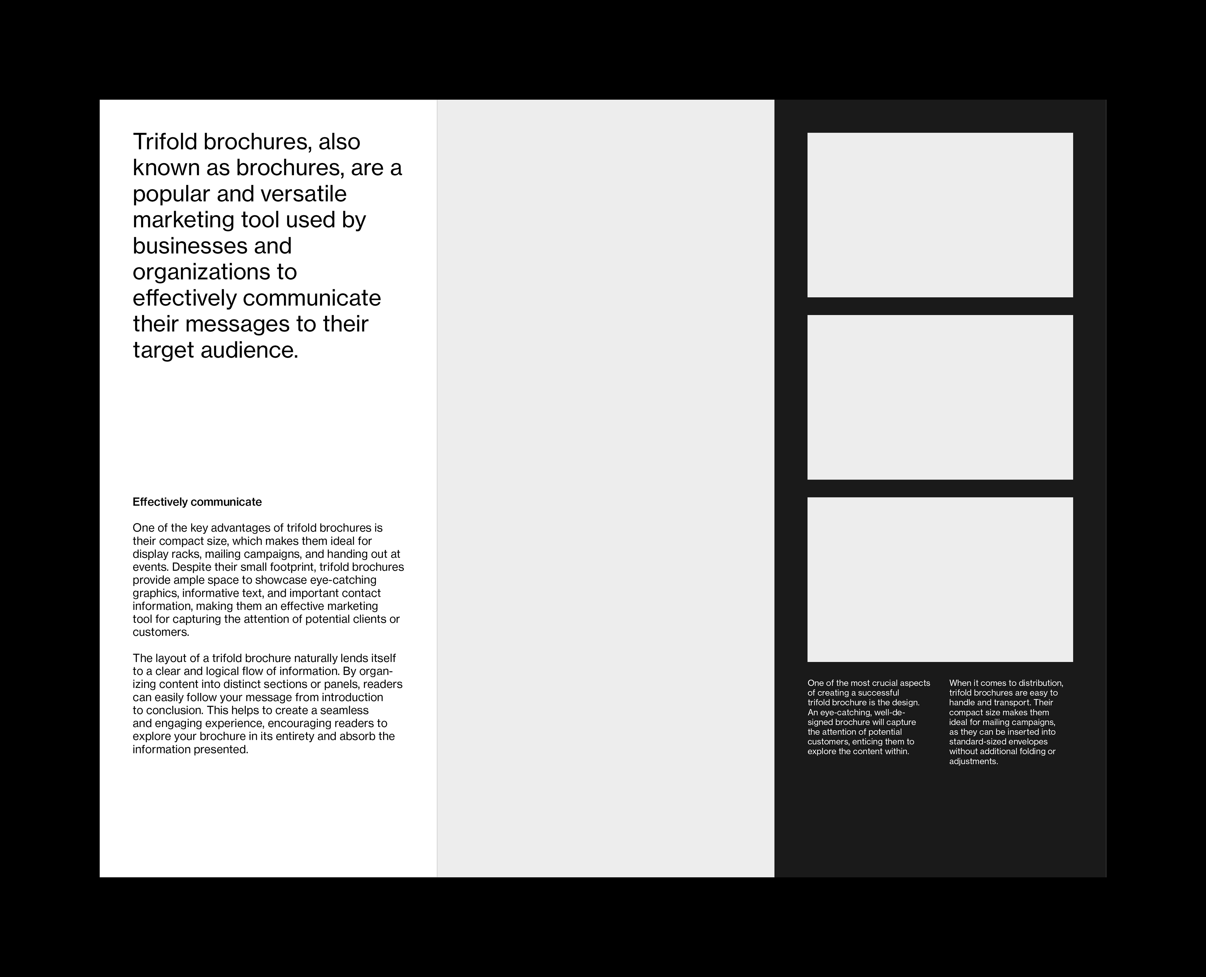 Interior typographic layout for a US letter format trifold brochure template. The example shows left aligned text and imagery on light and dark backgrounds
