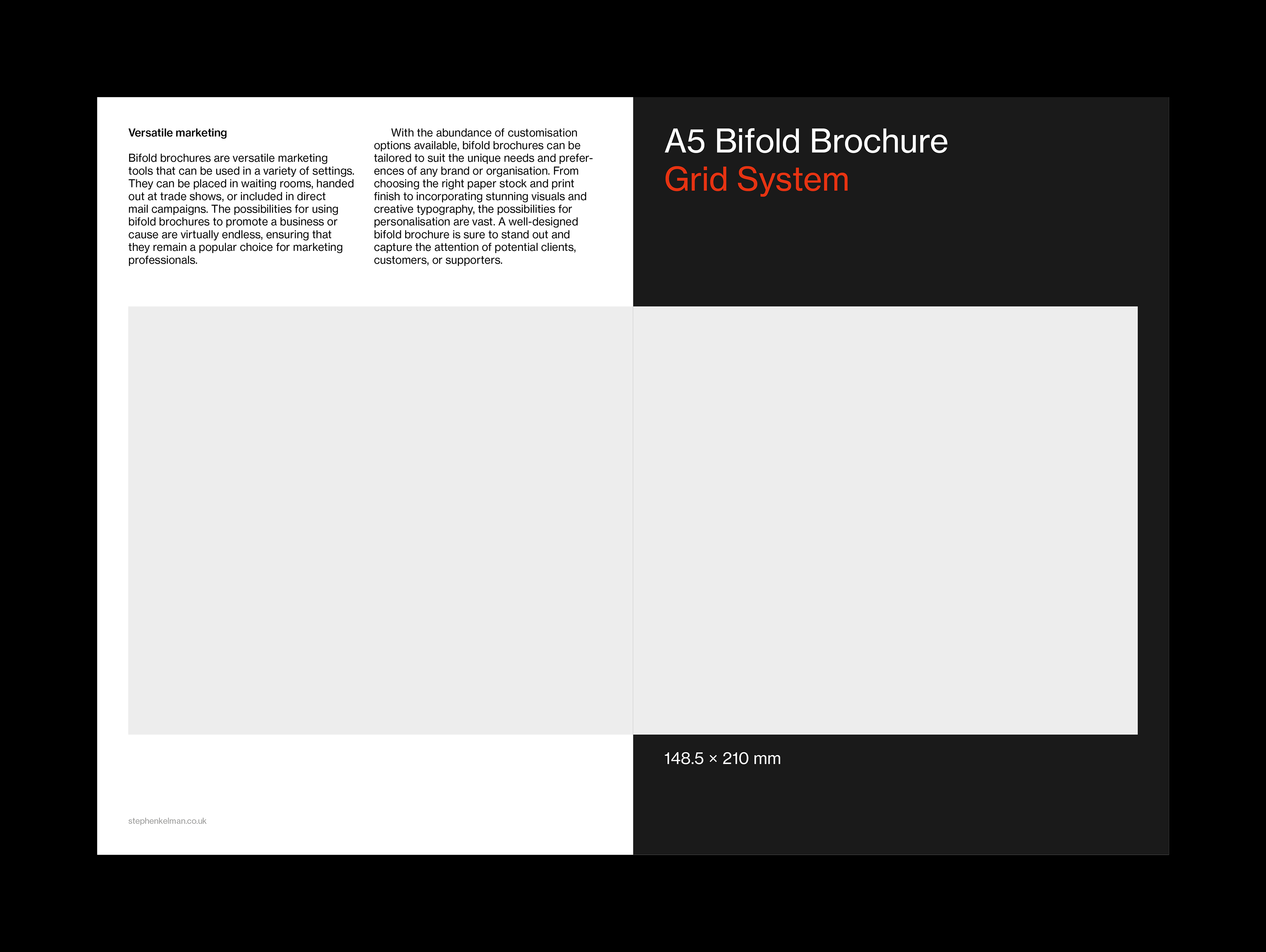 Example layout with Swiss style typography for the outside of an A5 bifold brochure. This example shows left-aligned text one large image on both light and dark backgrounds