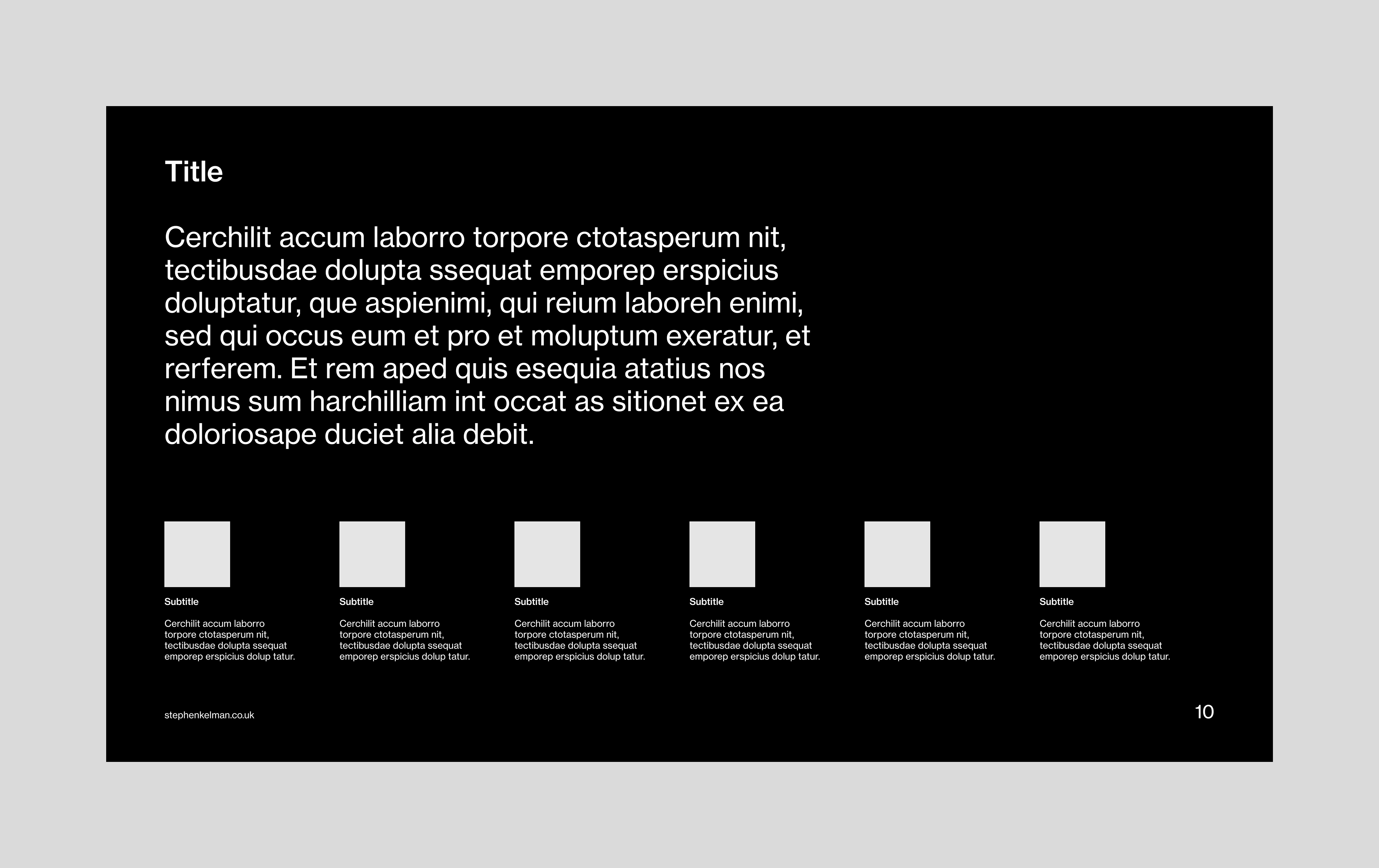 layout design for a 16:9 format Adobe InDesign template. This layout features one large paragraph of copy with a title above it. To the foot of the layout are six small, square images with captions
