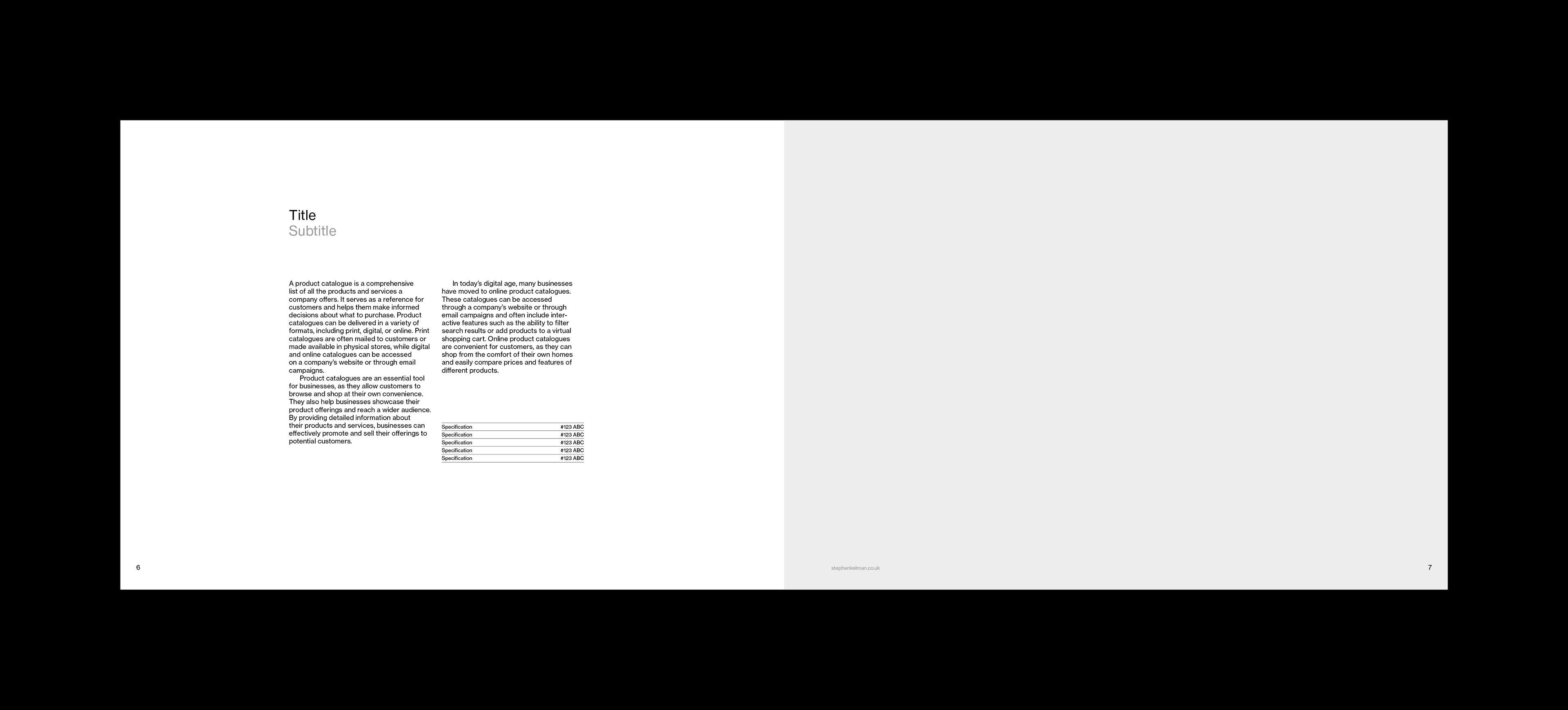 Sample typography layout design for an A4 landscape grid system and template for Adobe InDesign. Spread features copy on the left, with very large margins, and one full-bleed image on the right