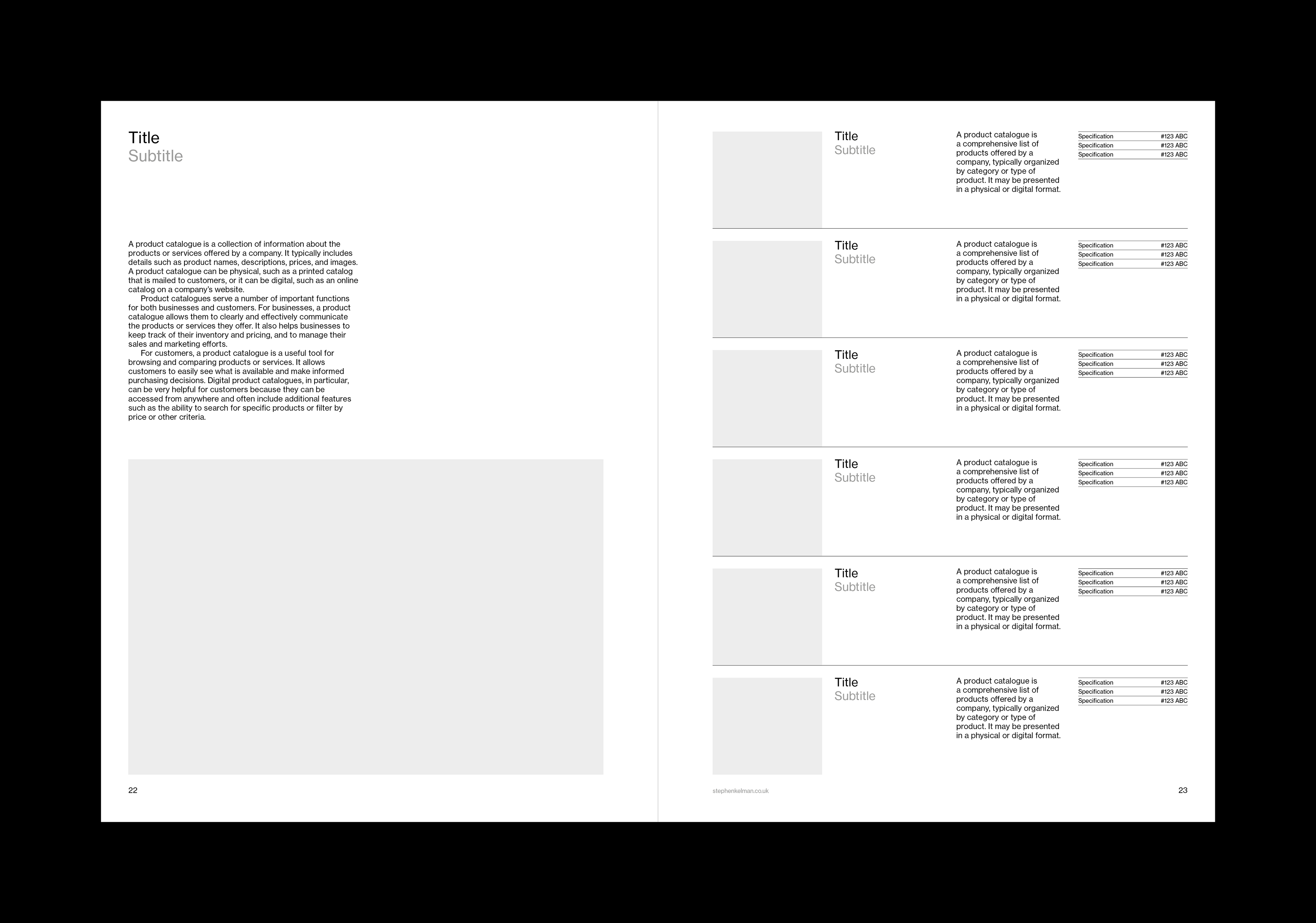 Spread layout design for a US letter InDesign catalogue template. Spread features introductory copy and image on the left. And six product listings in horizontal format to the right