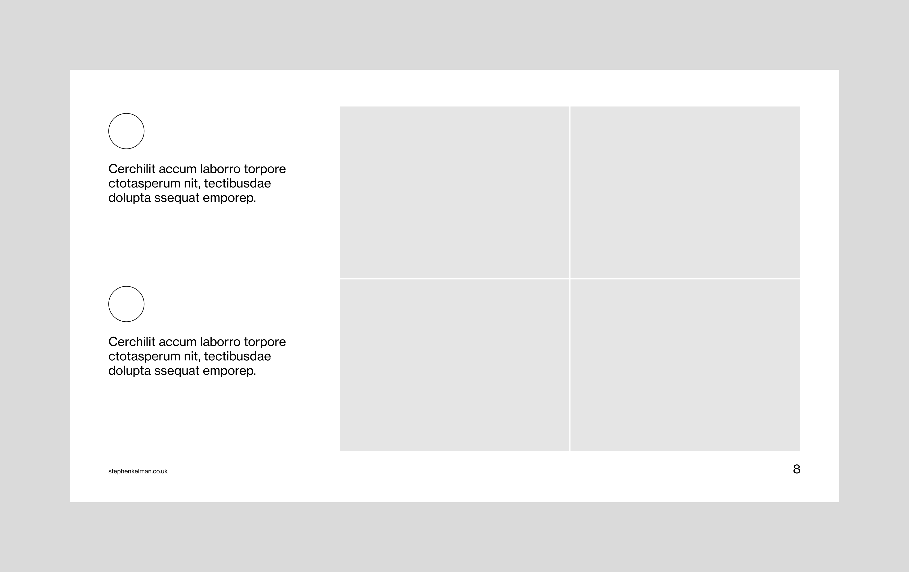 Pitch deck layout design for an InDesign template. Layout features four images and two supporting paragraphs of text – with a circular shaped icon above each