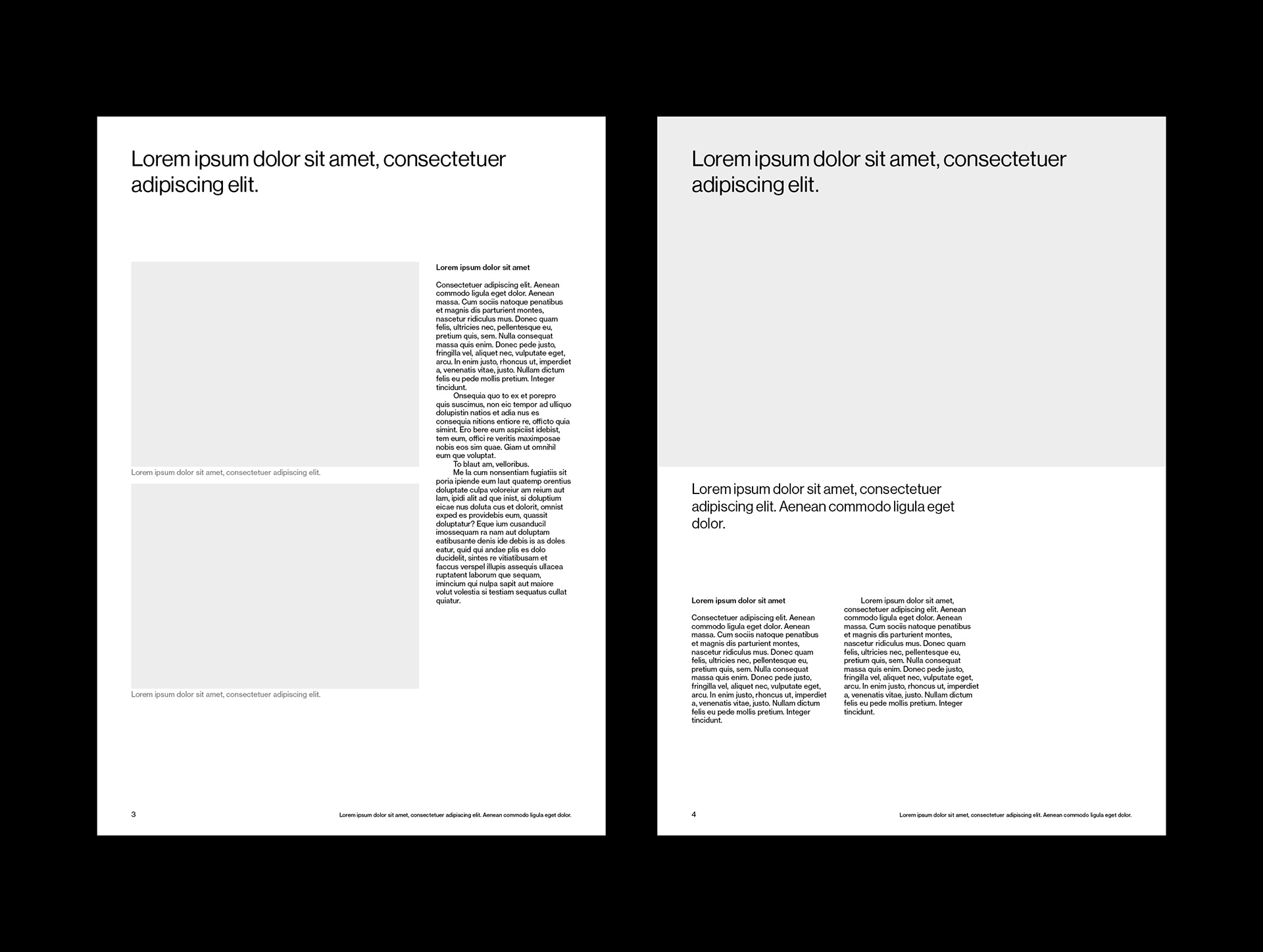 Layouts for an A4 white paper template. Typographic layouts show paragraphs of left-aligned text, headlines and images. The images on the left-hand layout show caption styles