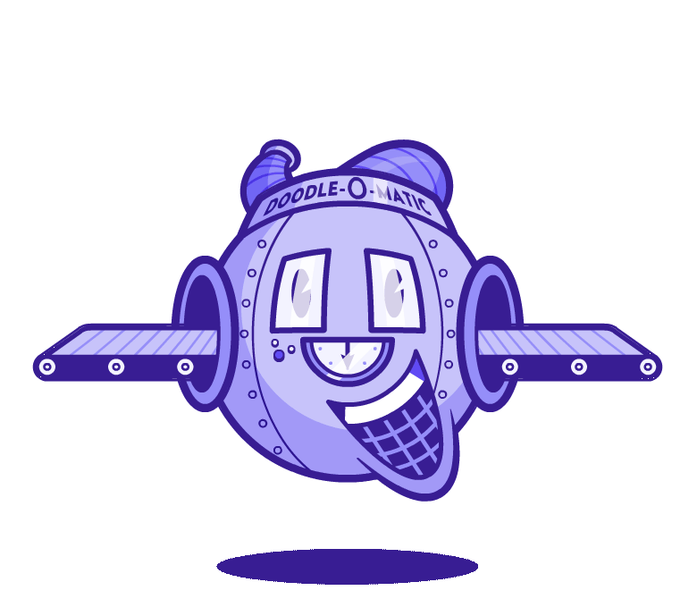 Animated GIF - A rubber-hose style cartoon factory machine in the shape of a face bounces up and down. Plain, dull, egg-like characters enter the machine via a conveyor belt, then emerge from the other side with happy expressions, vibrant colours and new features like wings, hats & capes.