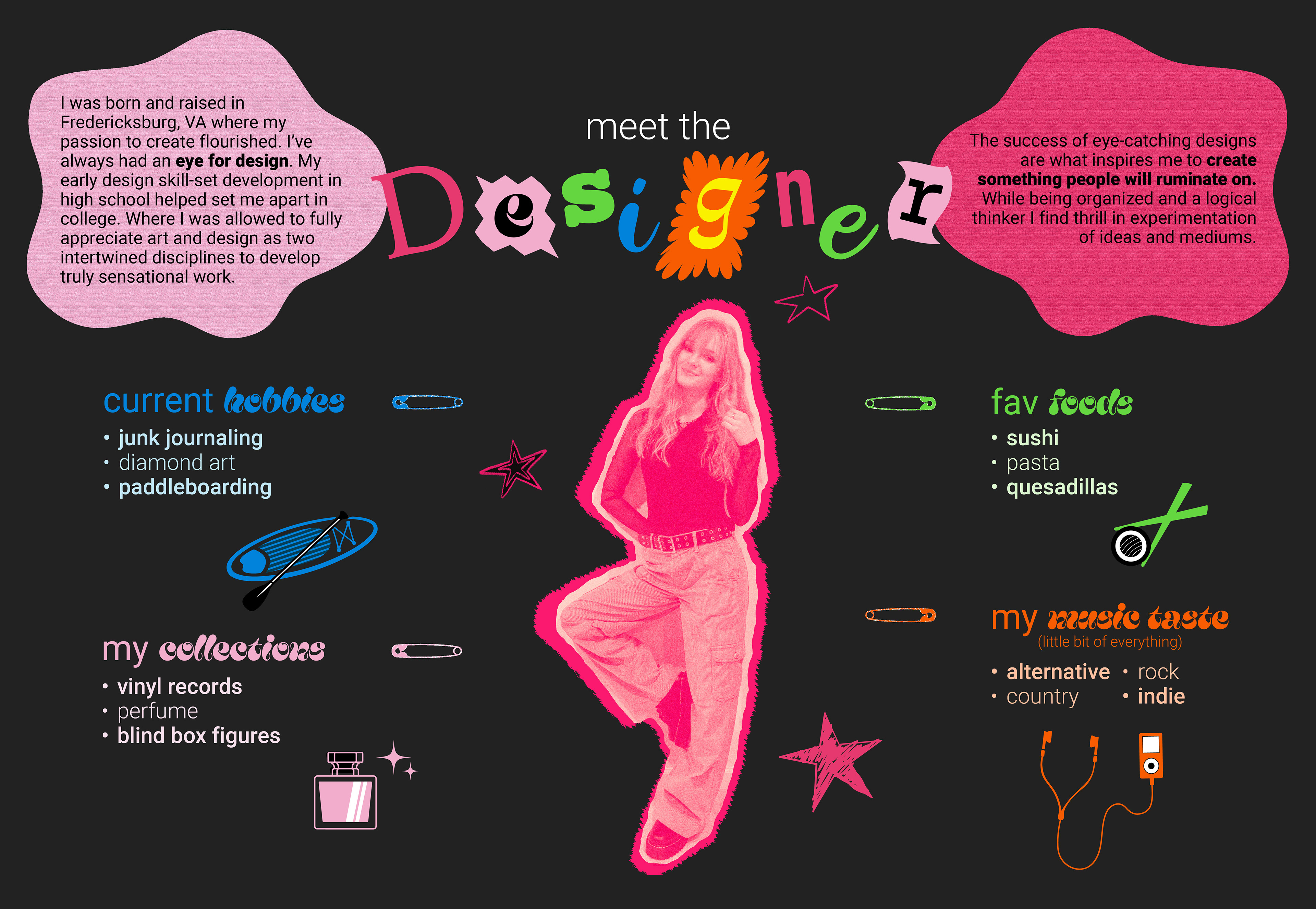 Titled “meet the designer” in the middle is a grainy pink overlay picture cutout of me. On the left read “I was born and raised in Fredericksburg, VA where my passion to create flourished. I’ve always had an eye for design. My early design skill-set development in high school helped set me apart in college. Where I was allowed to fully appreciate art and design as two intertwined disciplines to develop truly sensational work.” On the right reads “The success of eye-catching designs are what inspires me to create something people will ruminate on. While being organized and a logical thinker I find thrill in experimentation of ideas and mediums.” There’s 4 subcategories listing some topics about me. 1- current hobbies (junk journaling, diamond art, paddleboarding) 2- fav foods (sushi, pasta, quesadillas) 3- my collections (vinyl records, perfume, blind box figures) 4- my music taste (alternative, country, rock indie). Also included are hand drawn pink stars and vector icons to represent the 4 categories.