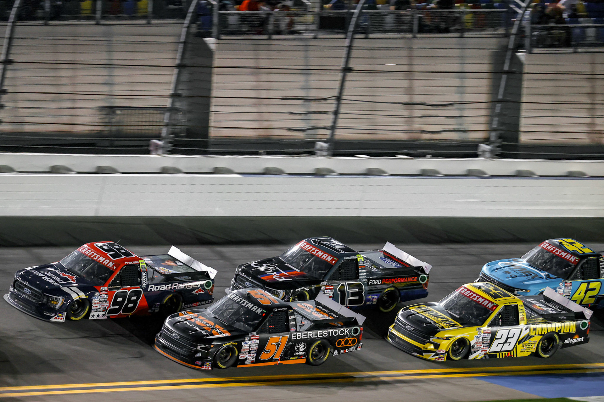 #98: Ty Majeski, ThorSport Racing, Road Ranger Ford F-150, #51: Jack Wood, Kyle Busch Motorsports, Eberlestock Chevrolet Silverado, #23: Grant Enfinger, GMS Racing, Champion Power Equipment Chevrolet Silverado, #13: Hailie Deegan, ThorSport Racing, Ford Performance Ford F-150
