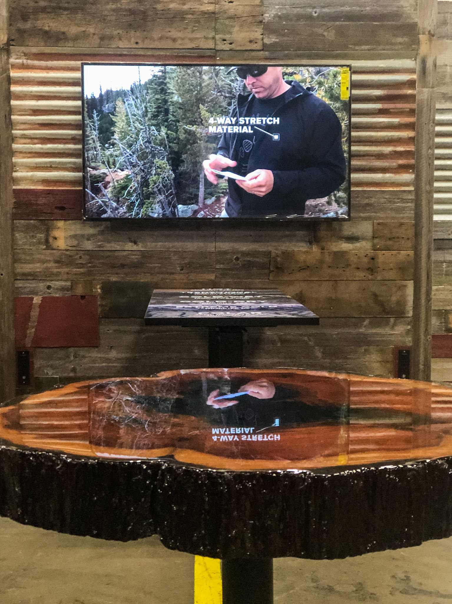 Custom-made Tree Trunk tabletop with Mt Rainier's Snow Lake routed and resin-filled for a front-facing gathering spot.