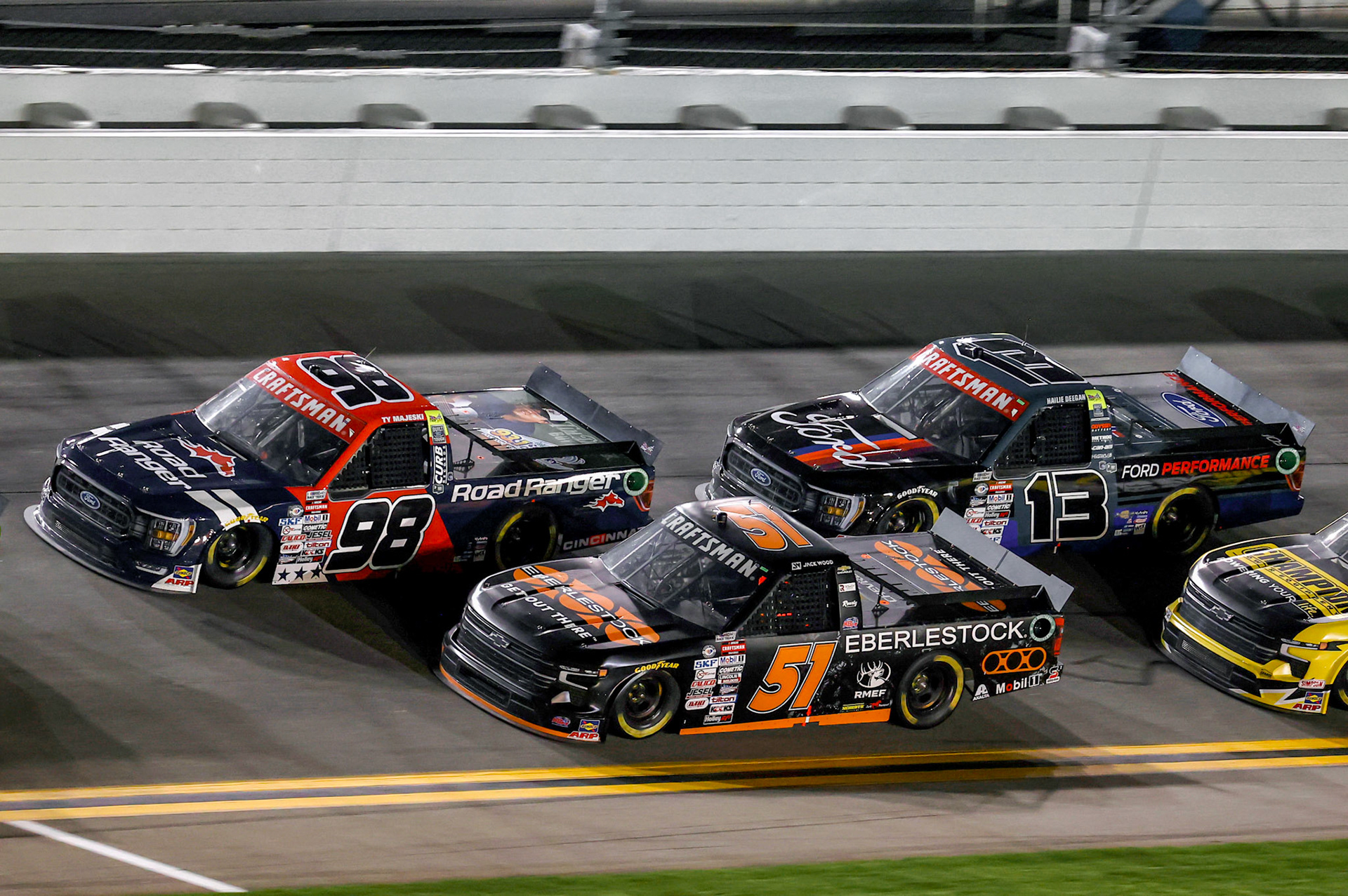#98: Ty Majeski, ThorSport Racing, Road Ranger Ford F-150, #51: Jack Wood, Kyle Busch Motorsports, Eberlestock Chevrolet Silverado, #13: Hailie Deegan, ThorSport Racing, Ford Performance Ford F-150