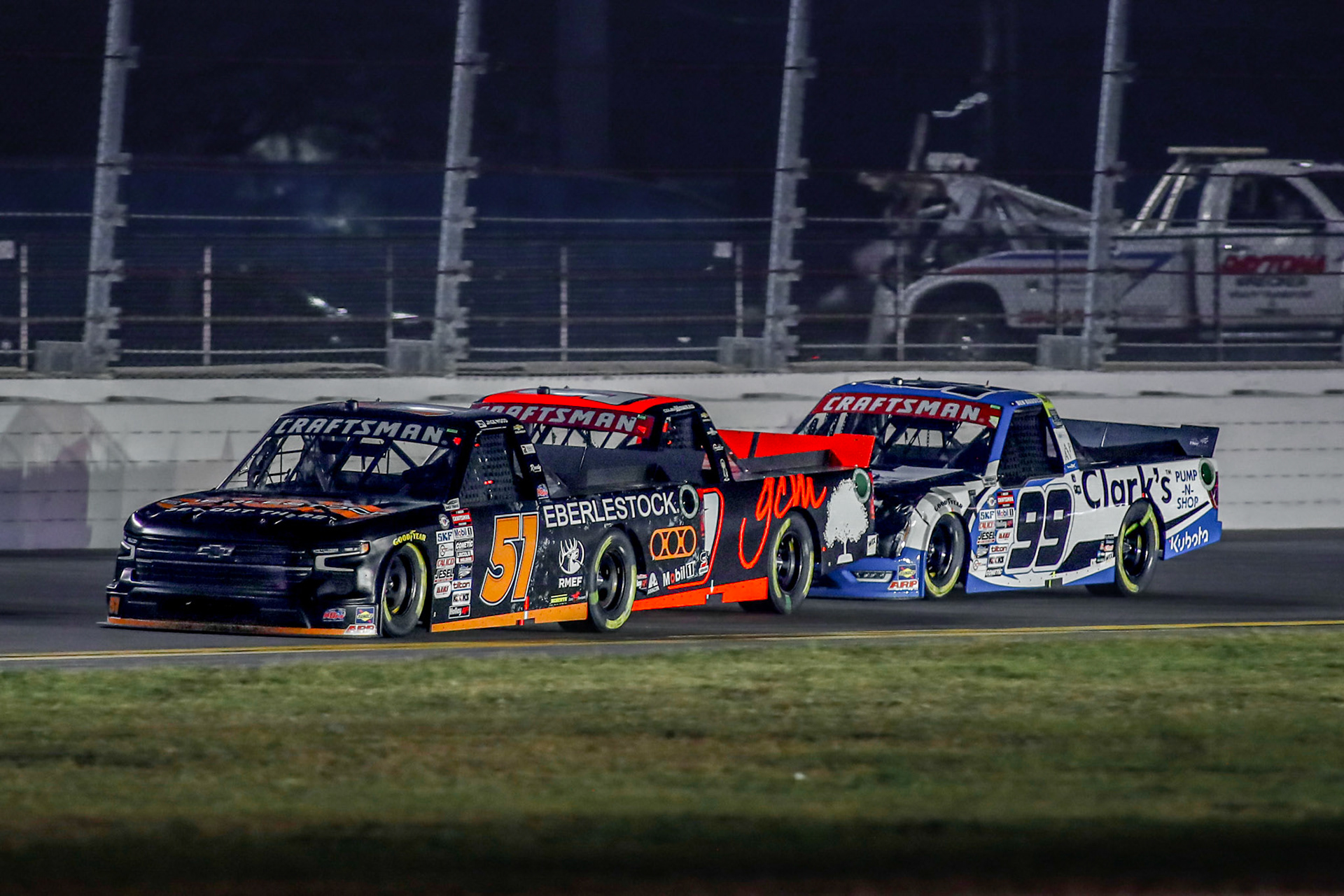 #51: Jack Wood, Kyle Busch Motorsports, Eberlestock Chevrolet Silverado, #9: Colby Howard, CR7 Motorsports, Grant County Mulch Chevrolet Silverado, #99: Ben Rhodes, ThorSport Racing, Clarks Pump-N-Shop Ford F-150