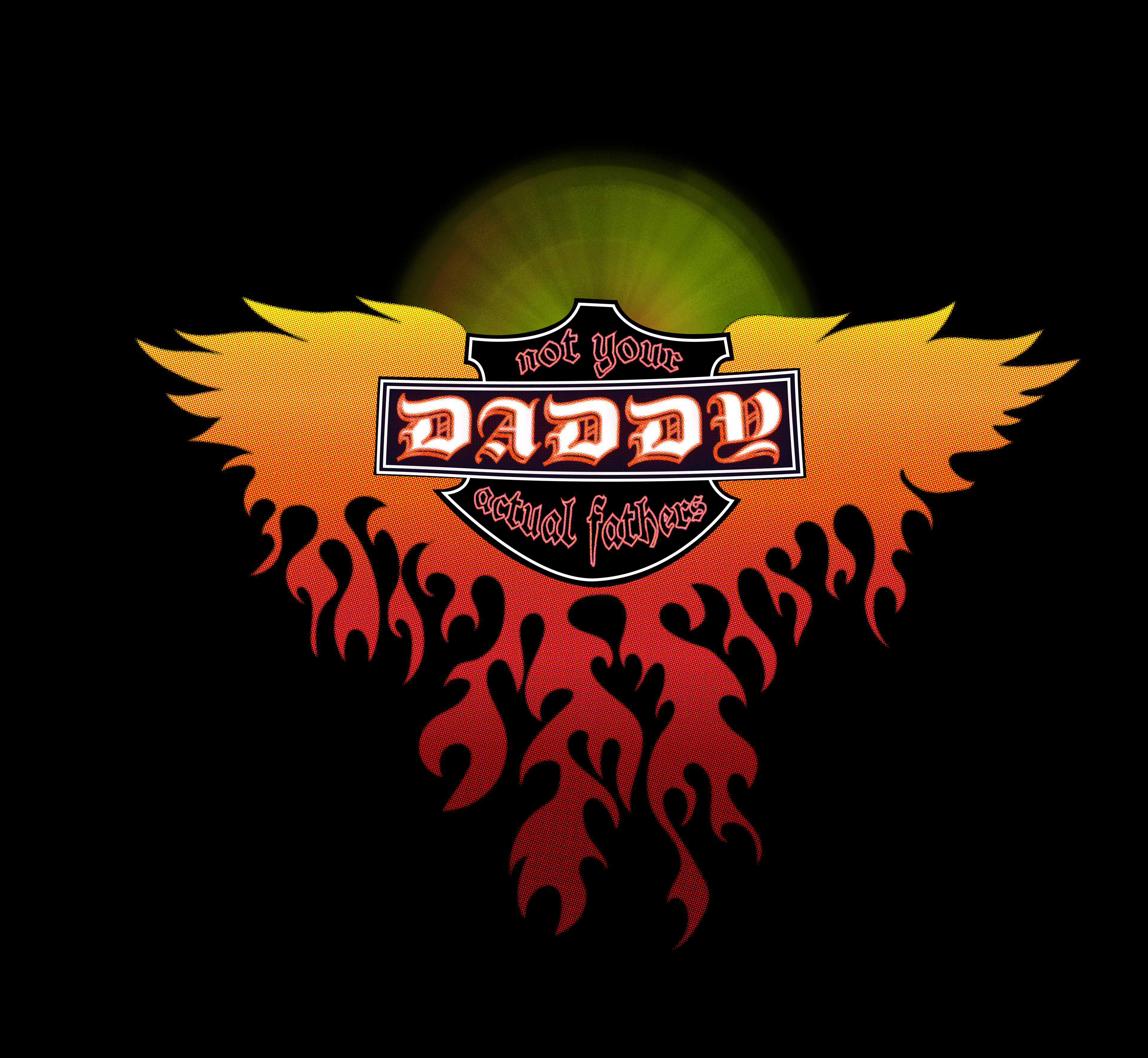Daddy Harley Davidson style design for black t-shirt, April 2024. Fire color way represents the iconic aesthetics of Harley Davidson merch designs from the 1990s through the 2000s.